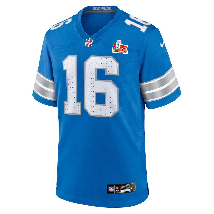 Alternative view of Jared Goff #16 Detroit Lions Super Bowl LIX Jersey - Men's - Blue JS5350 nicesnker