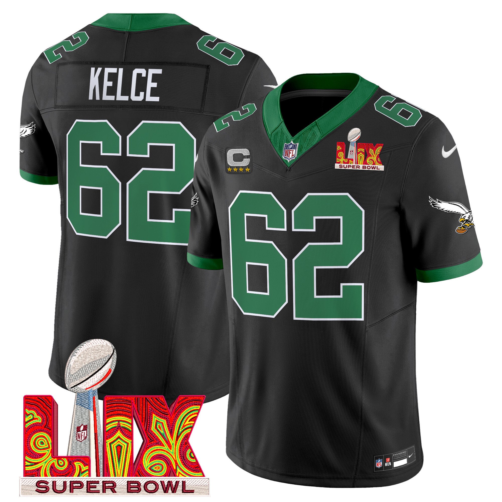 Jason Kelce 62 Philadelphia Eagles Kelly Green Super Bowl Champions LIX Patch Vapor Limited Jersey - Black JS8084 nicesnker