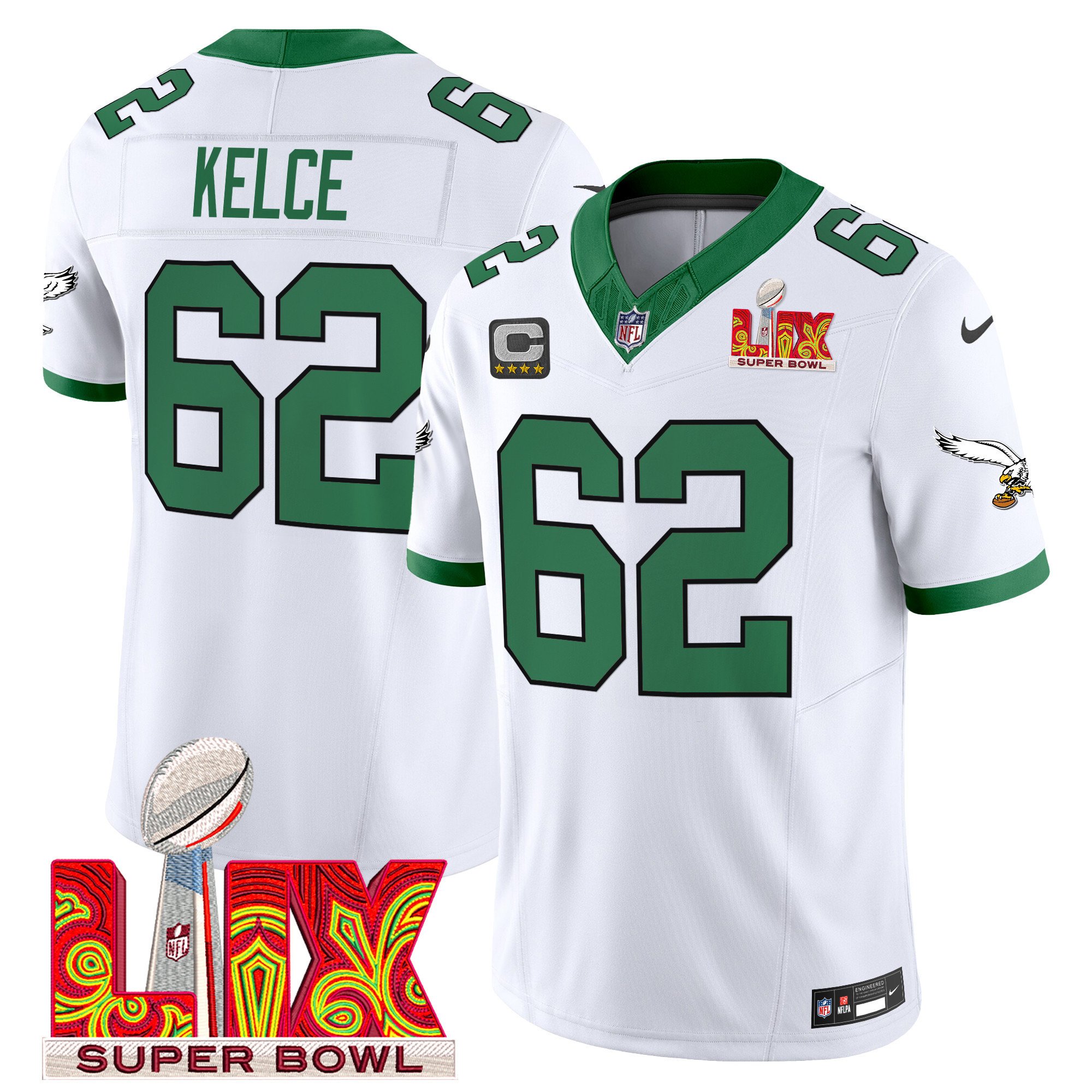 Jason Kelce 62 Philadelphia Eagles Kelly Green Super Bowl Champions LIX Patch Vapor Limited Jersey - White JS3797 nicesnker