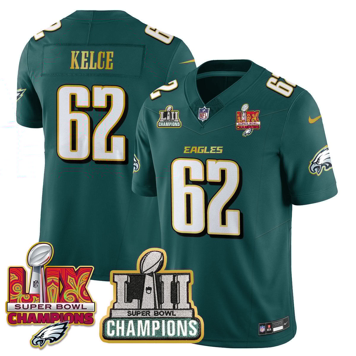 Jason Kelce 62 Philadelphia Eagles LII-LIX Super Bowl Champions Vapor Limited Gold Jersey - Midnight Green JS9121 nicesnker