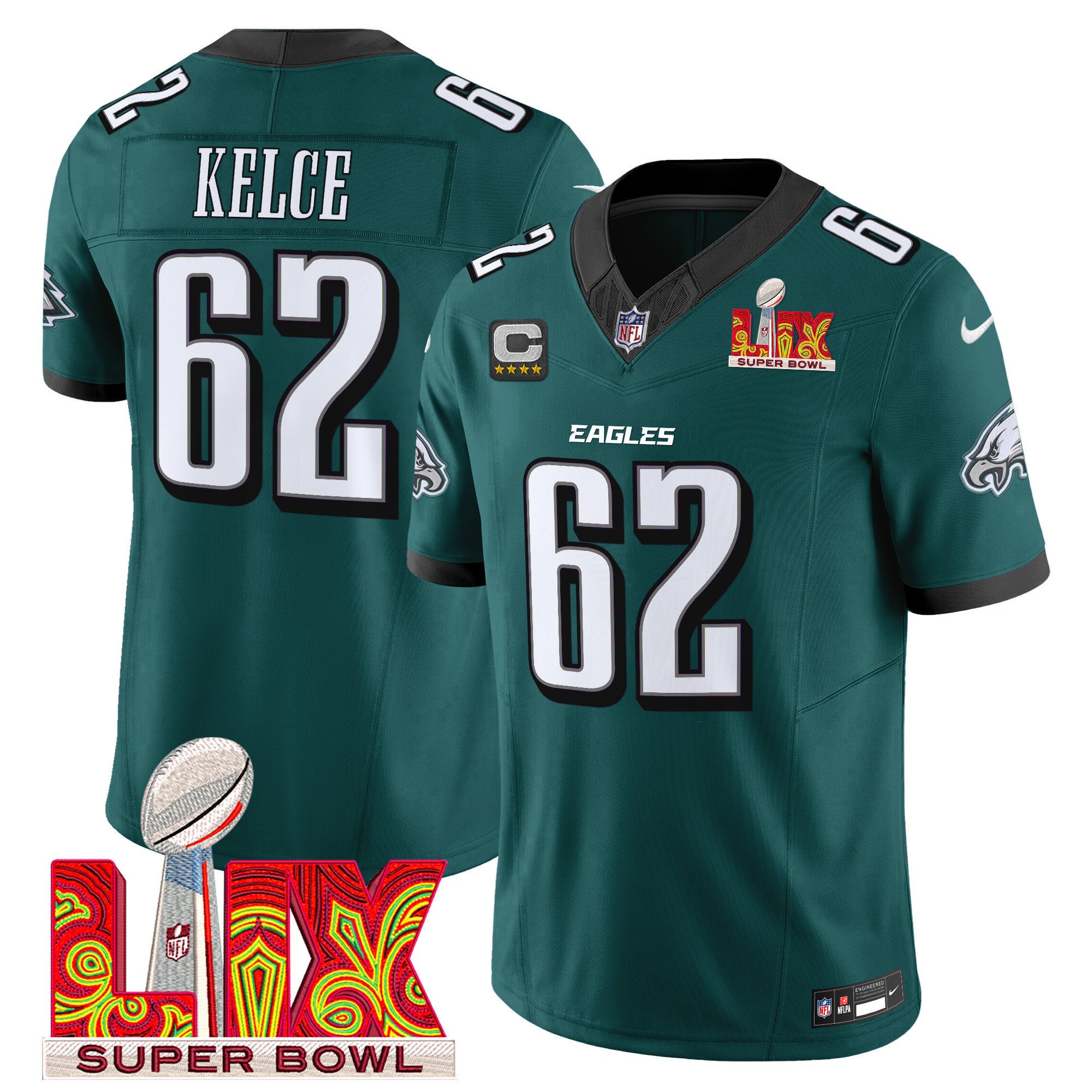 Jason Kelce 62 Philadelphia Eagles Super Bowl Champions LIX Patch Vapor Limited Jersey - Midnight Green JS9939 nicesnker