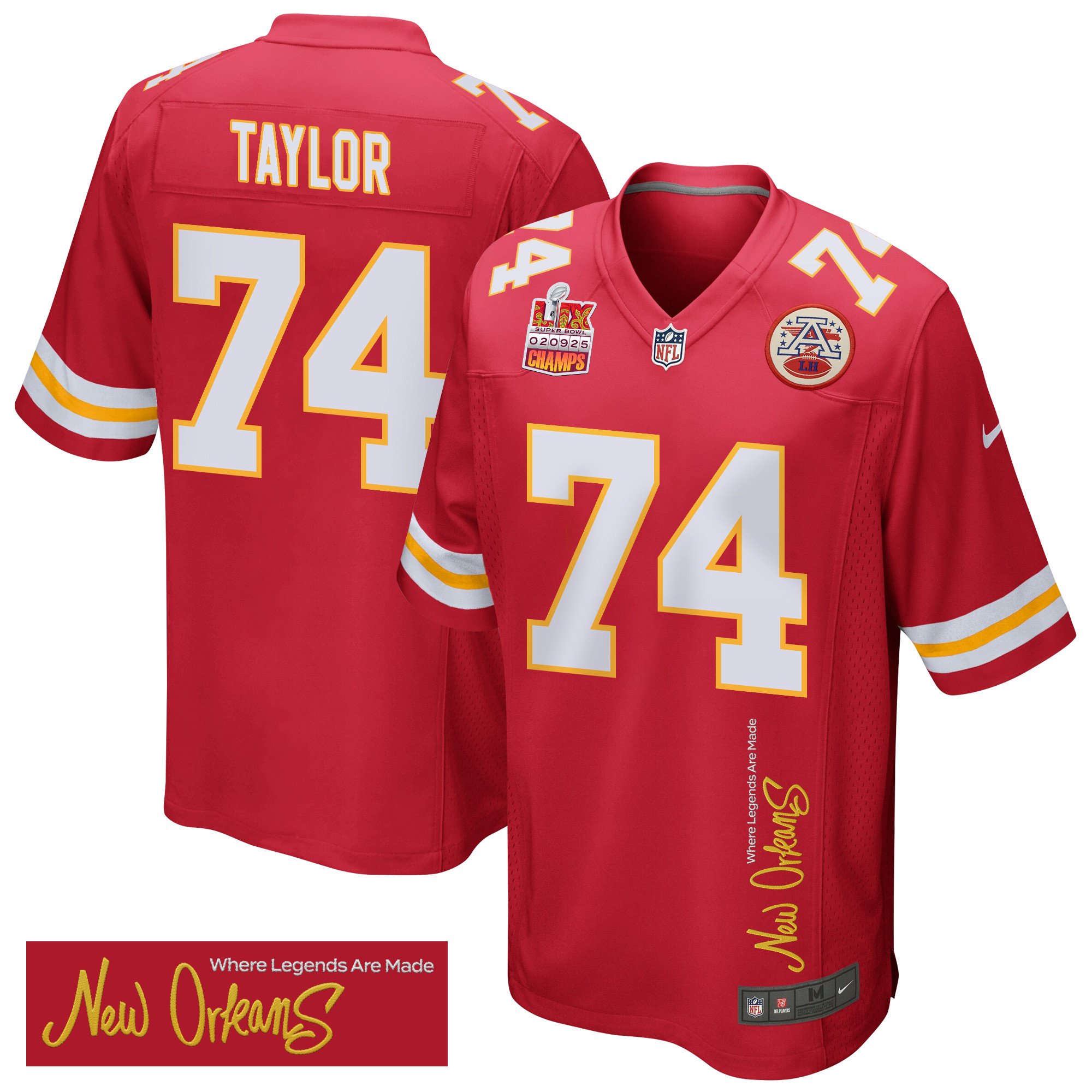 Jawaan Taylor 74 Kansas City Chiefs Super Bowl LIX Champions Patch 'New Orleans - Where Legends Are Made' EMBROIDERED Game Men Jersey - Red JS9049 nicesnker