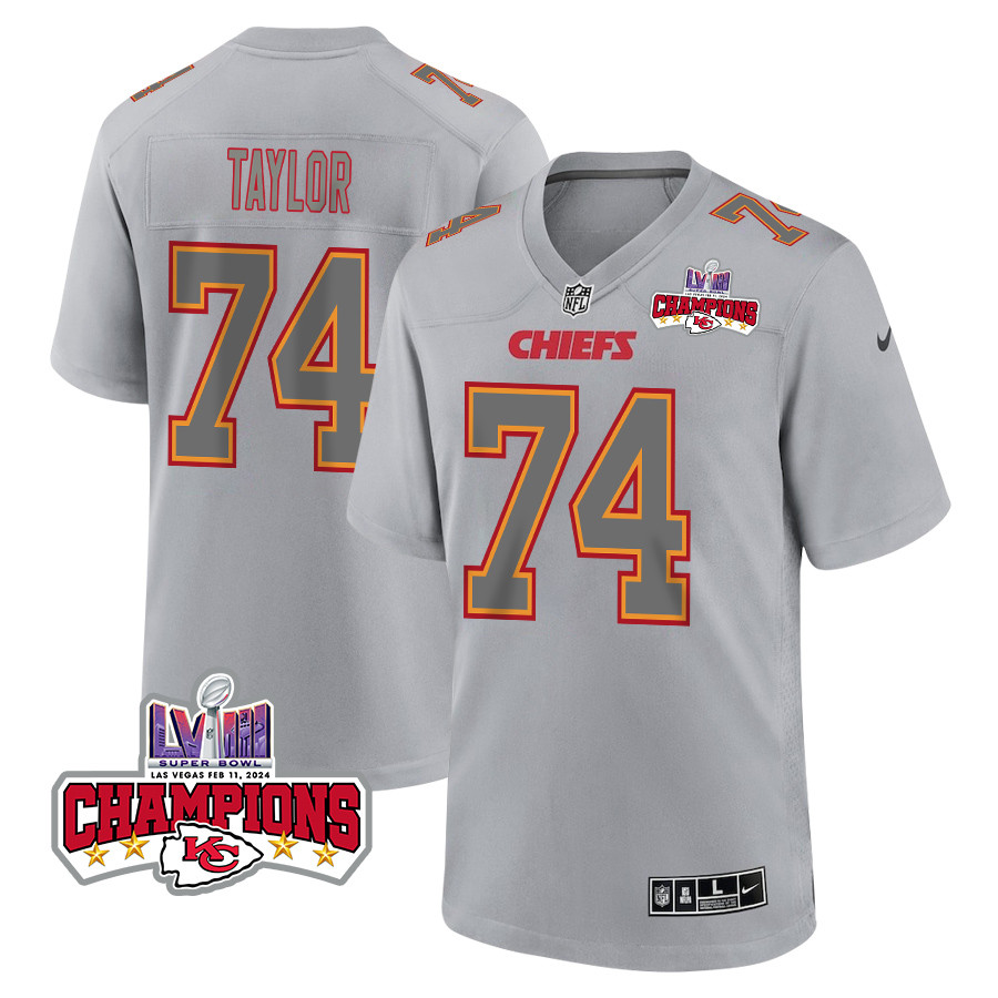 Jawaan Taylor 74 Kansas City Chiefs Super Bowl LVIII Champions 4 Stars Patch Atmosphere Fashion Game Men Jersey - Gray JS7577 nicesnker