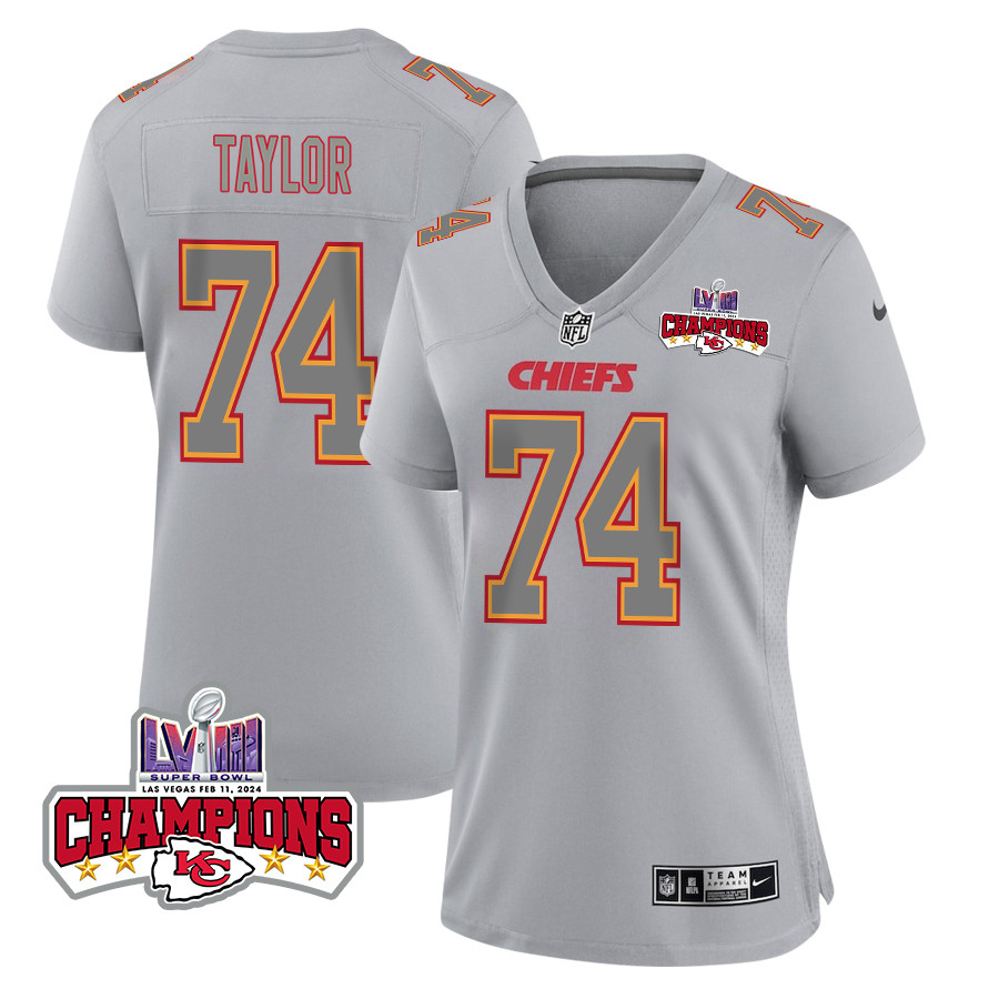 Jawaan Taylor 74 Kansas City Chiefs Super Bowl LVIII Champions 4 Stars Patch Atmosphere Fashion Game Women Jersey - Gray JS1411 nicesnker