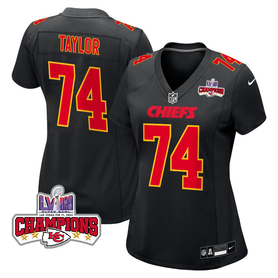 Jawaan Taylor 74 Kansas City Chiefs Super Bowl LVIII Champions 4 Stars Patch Fashion Game Women Jersey - Carbon Black JS8930 nicesnker