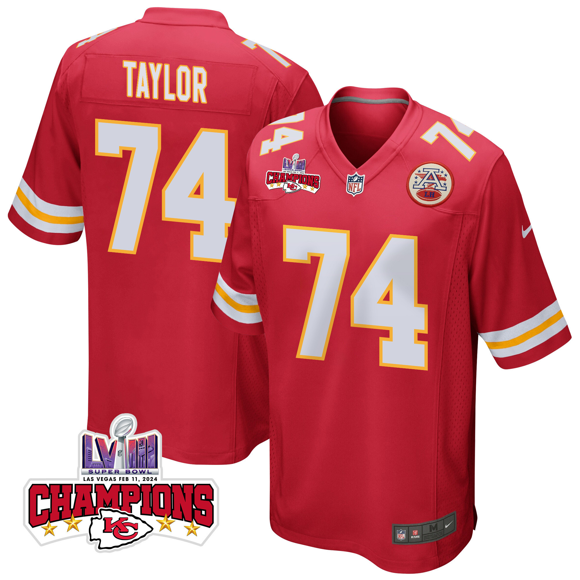 Jawaan Taylor 74 Kansas City Chiefs Super Bowl LVIII Champions 4 Stars Patch Game Men Jersey - Red JS2210 nicesnker