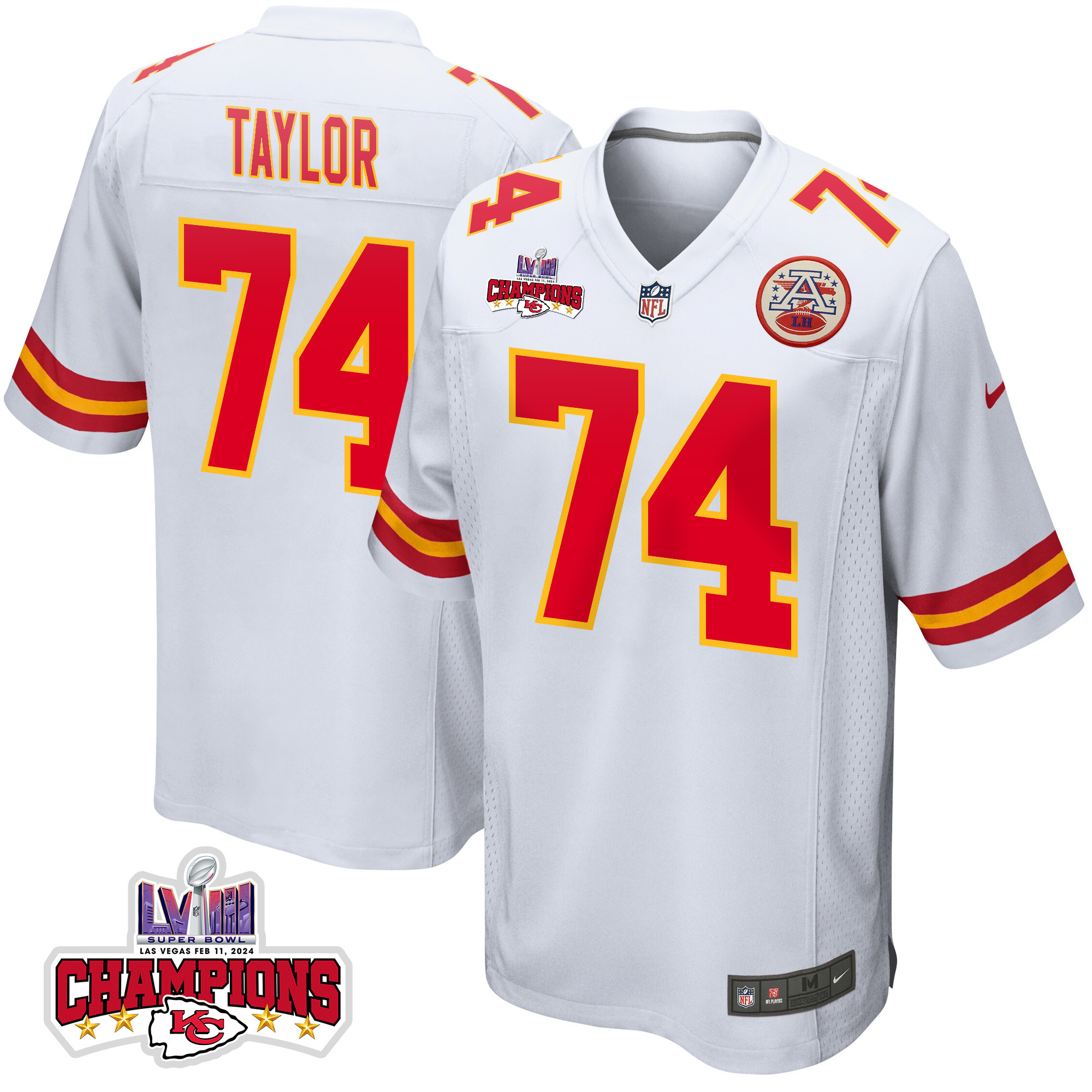 Jawaan Taylor 74 Kansas City Chiefs Super Bowl LVIII Champions 4 Stars Patch Game Men Jersey - White JS8624 nicesnker