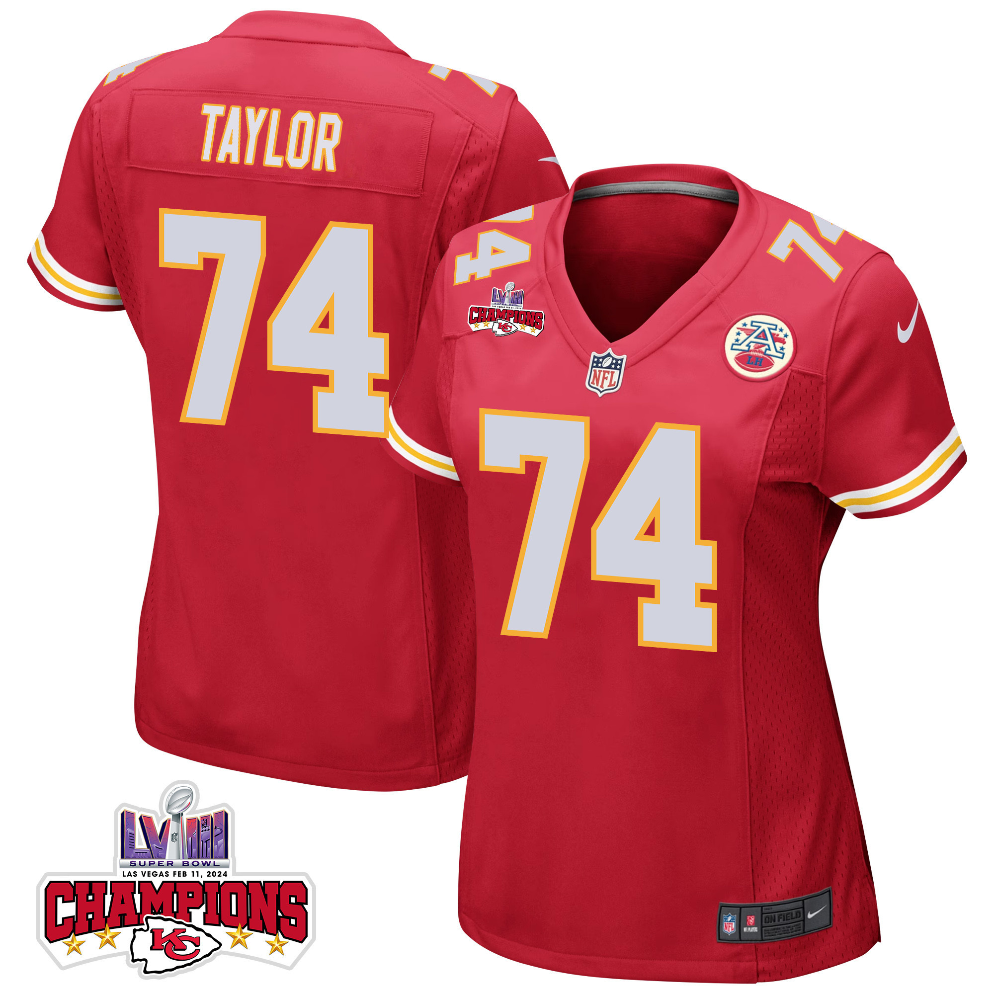 Jawaan Taylor 74 Kansas City Chiefs Super Bowl LVIII Champions 4 Stars Patch Game Women Jersey - Red JS3173 nicesnker
