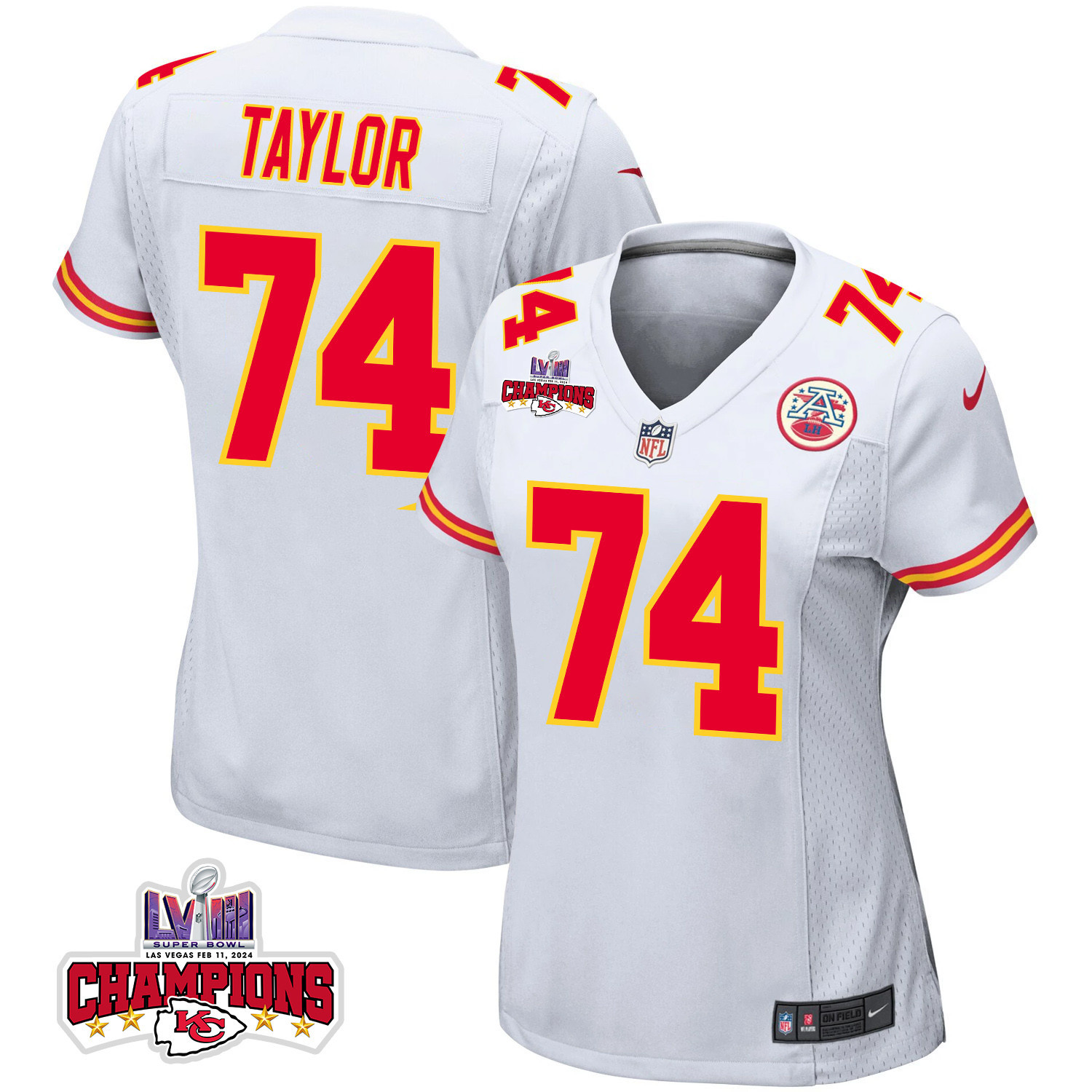 Jawaan Taylor 74 Kansas City Chiefs Super Bowl LVIII Champions 4 Stars Patch Game Women Jersey - White JS3569 nicesnker