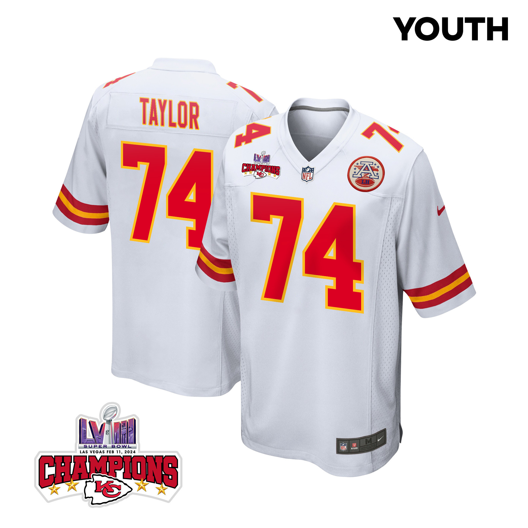 Jawaan Taylor 74 Kansas City Chiefs Super Bowl LVIII Champions 4 Stars Patch Game YOUTH Jersey - White JS5203 nicesnker