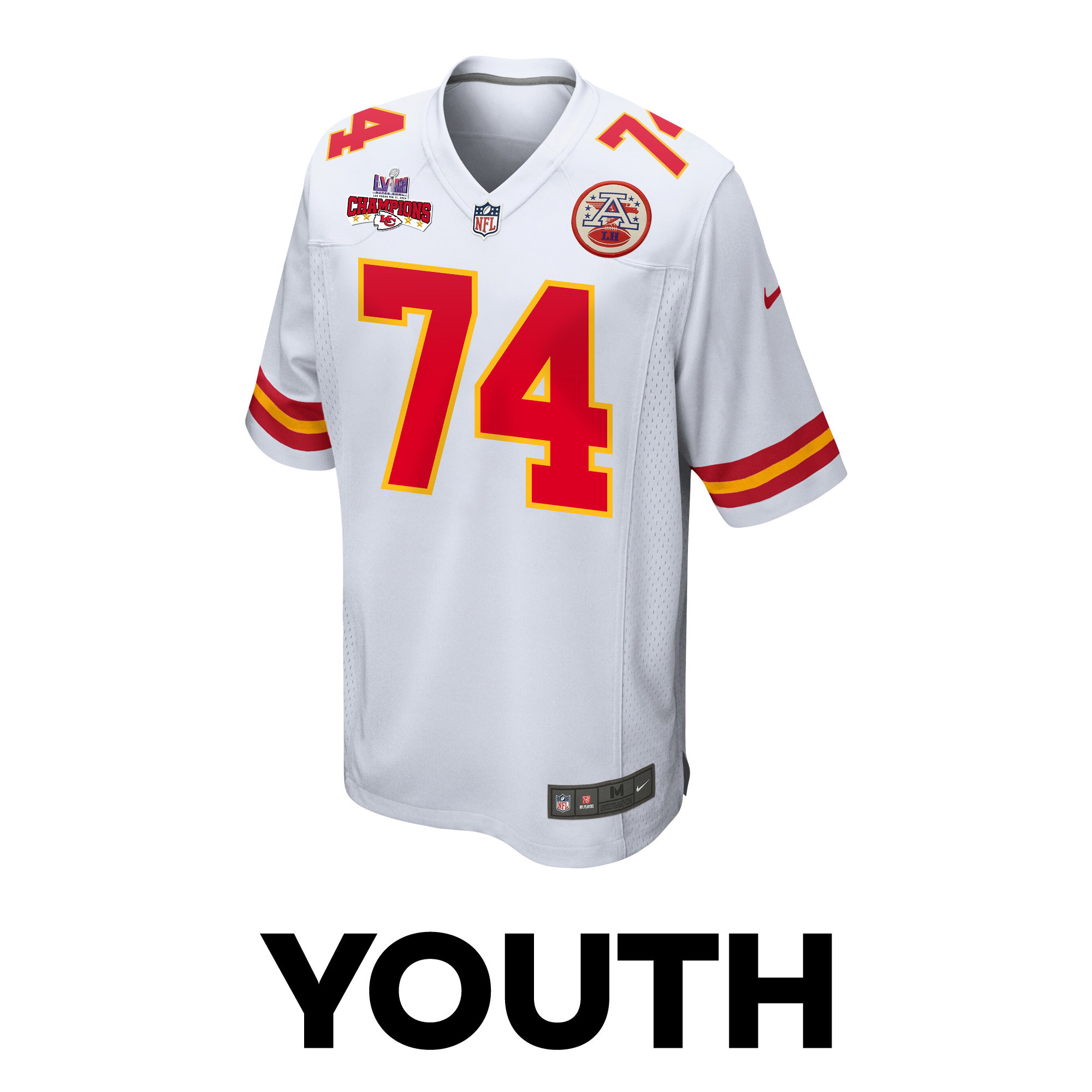 Alternative view of Jawaan Taylor 74 Kansas City Chiefs Super Bowl LVIII Champions 4 Stars Patch Game YOUTH Jersey - White JS5203 nicesnker