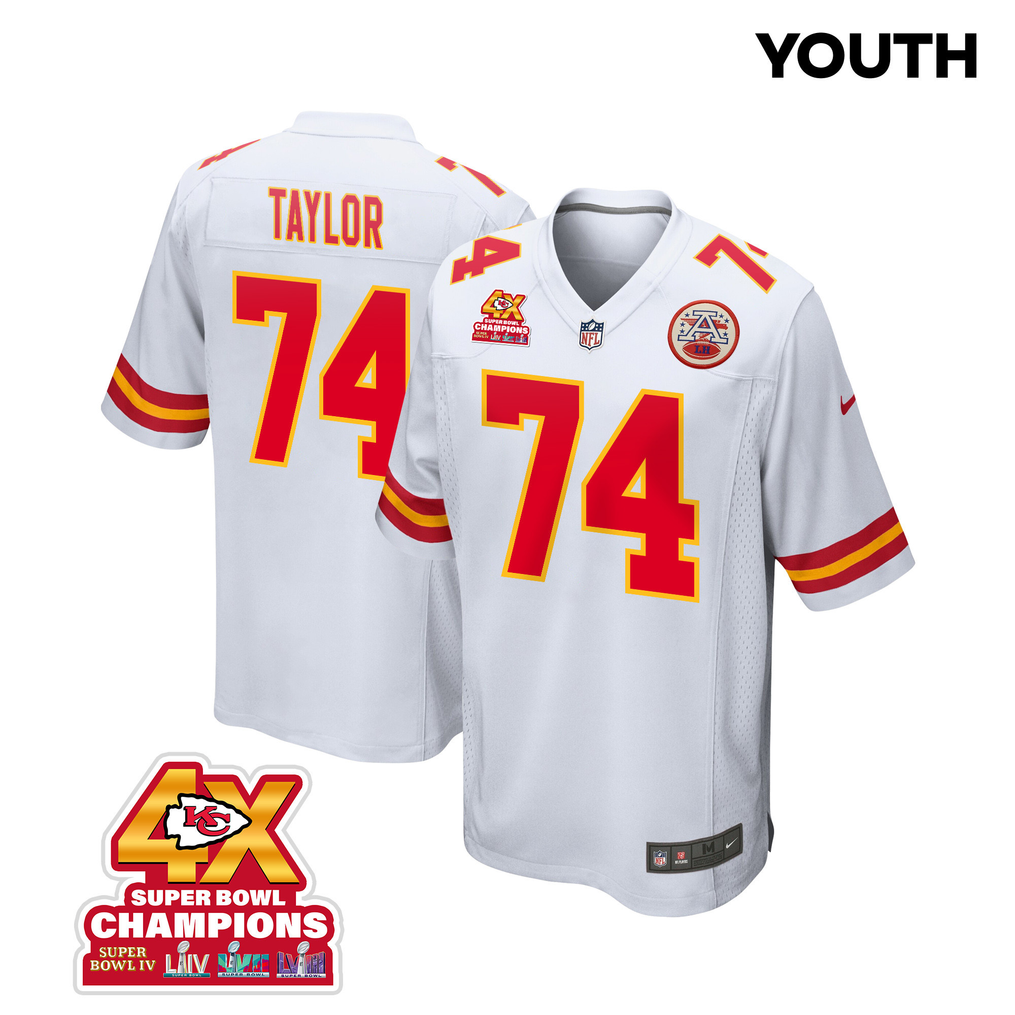 Jawaan Taylor 74 Kansas City Chiefs Super Bowl LVIII Champions 4X Game YOUTH Jersey - White JS9457 nicesnker