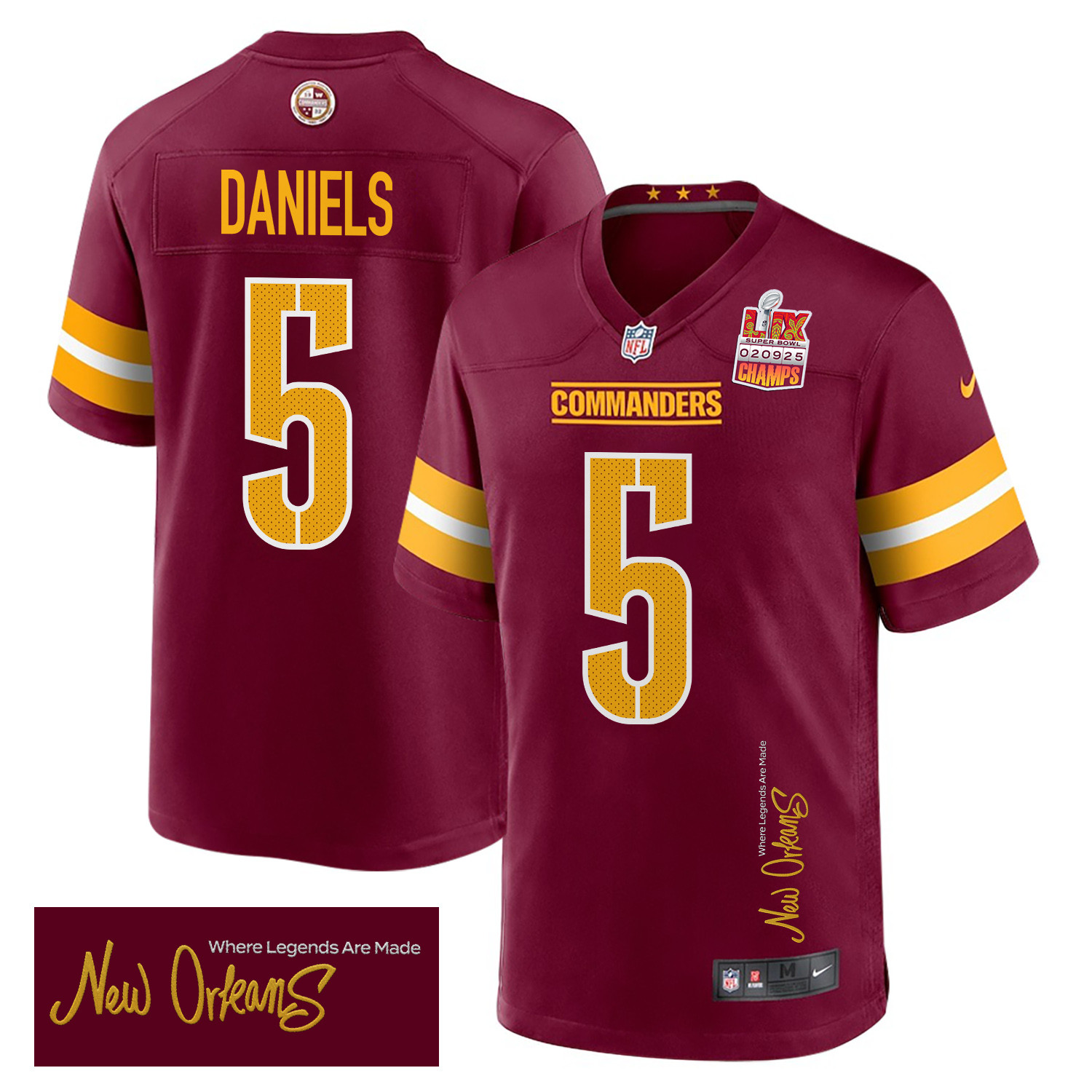 Jayden Daniels 5 Washington Commanders Super Bowl LIX Champions Patch 'New Orleans - Where Legends Are Made' EMBROIDERED Game Men Jersey - Burgundy JS2040 nicesnker