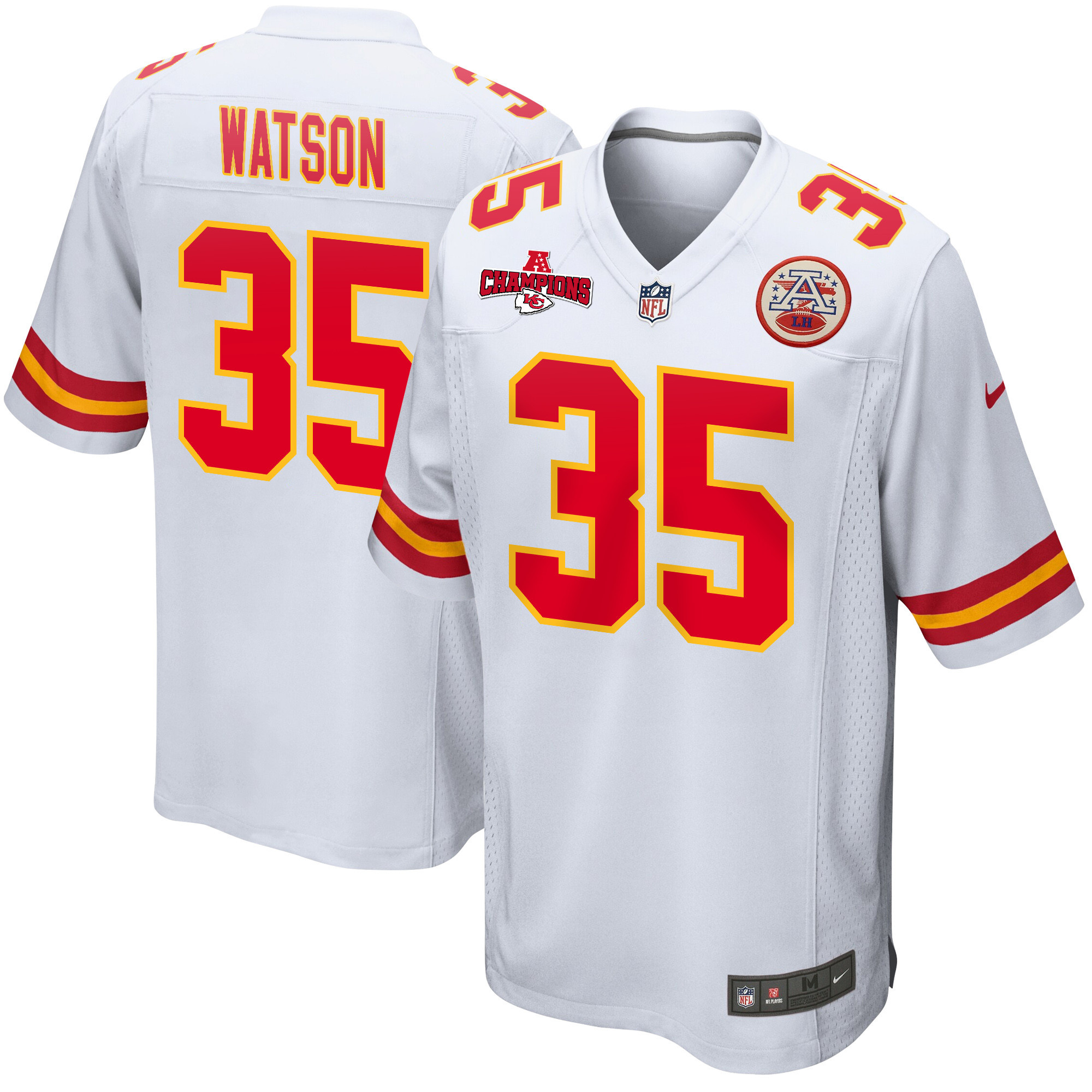 Jaylen Watson 35 Kansas City Chiefs AFC Champions Patch Game Men Jersey - White JS7322 nicesnker