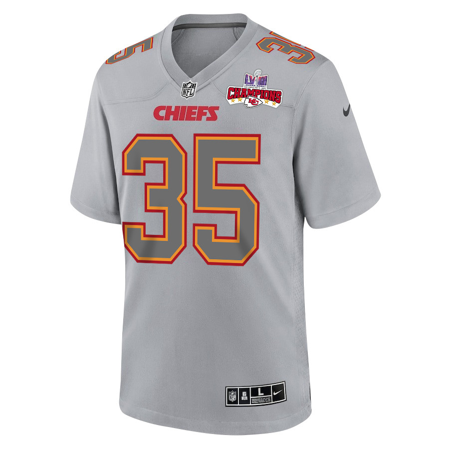 Alternative view of Jaylen Watson 35 Kansas City Chiefs Super Bowl LVIII Champions 4 Stars Patch Atmosphere Fashion Game Men Jersey - Gray JS7659 nicesnker
