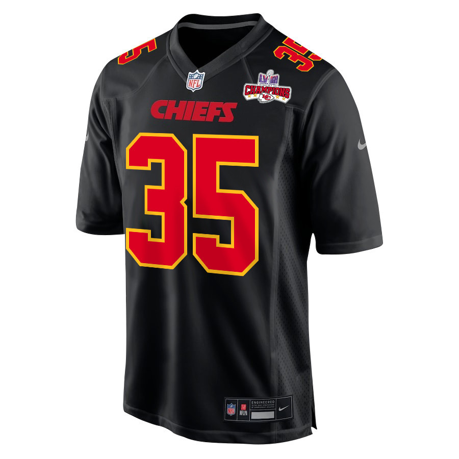 Alternative view of Jaylen Watson 35 Kansas City Chiefs Super Bowl LVIII Champions 4 Stars Patch Fashion Game Men Jersey - Carbon Black JS9444 nicesnker