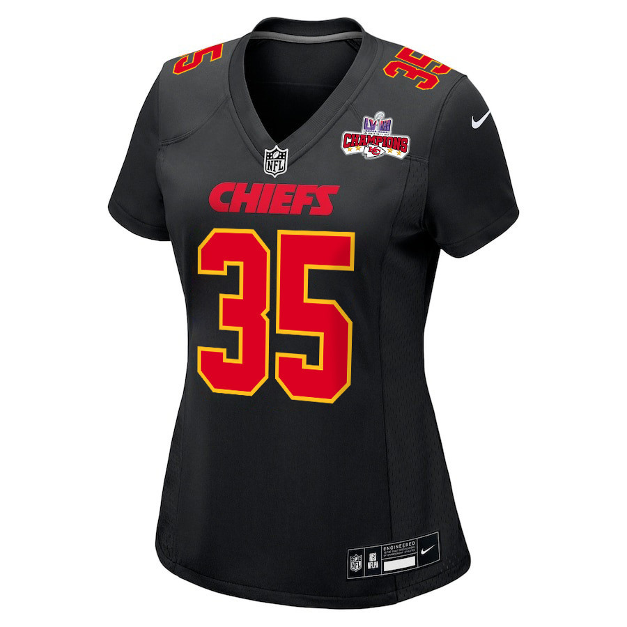 Alternative view of Jaylen Watson 35 Kansas City Chiefs Super Bowl LVIII Champions 4 Stars Patch Fashion Game Women Jersey - Carbon Black JS4830 nicesnker