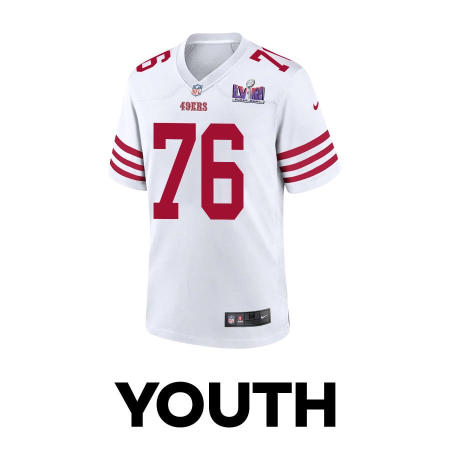 Alternative view of Jaylon Moore 76 San Francisco 49ers Super Bowl LVIII Patch Game YOUTH Jersey - White JS4363 nicesnker
