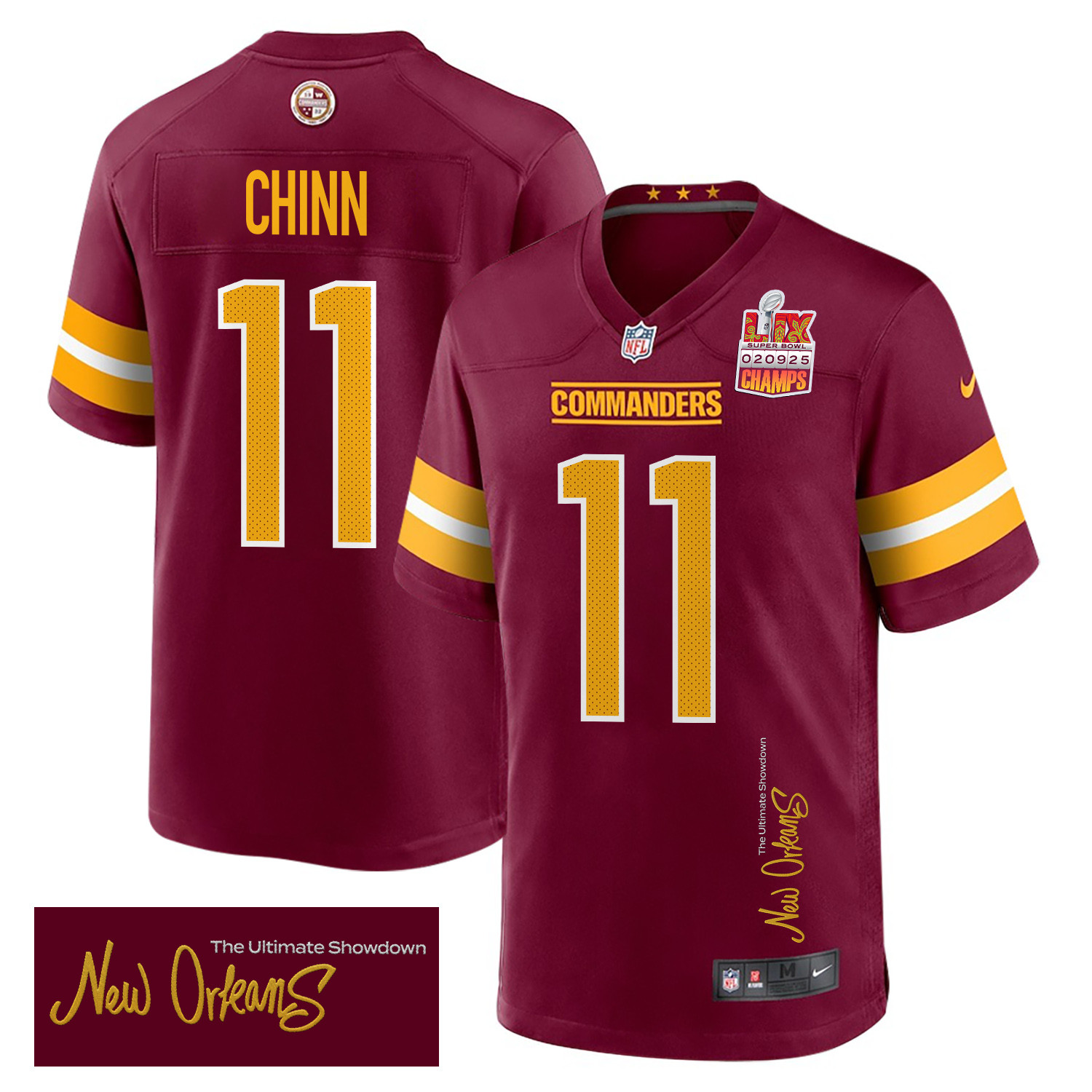 Jeremy Chinn 11 Washington Commanders Super Bowl LIX Champions Patch 'New Orleans - The Ultimate Showdown' EMBROIDERED Game Men Jersey - Burgundy JS4146 nicesnker
