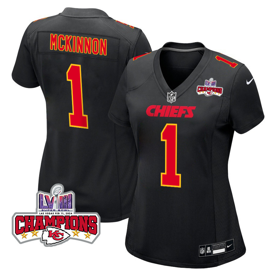 Jerick McKinnon 1 Kansas City Chiefs Super Bowl LVIII Champions 4 Stars Patch Fashion Game Women Jersey - Carbon Black JS9988 nicesnker