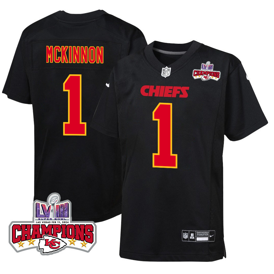 Jerick McKinnon 1 Kansas City Chiefs Super Bowl LVIII Champions 4 Stars Patch Fashion Game YOUTH Jersey - Carbon Black JS9679 nicesnker
