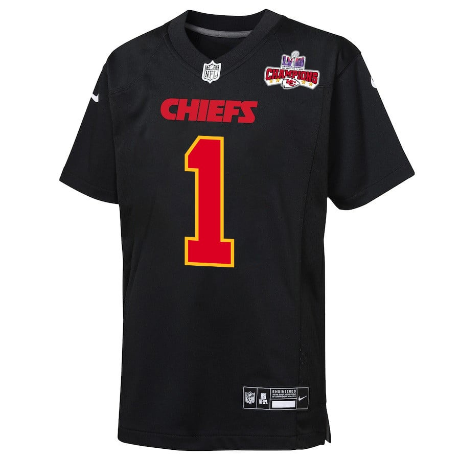 Alternative view of Jerick McKinnon 1 Kansas City Chiefs Super Bowl LVIII Champions 4 Stars Patch Fashion Game YOUTH Jersey - Carbon Black JS9679 nicesnker