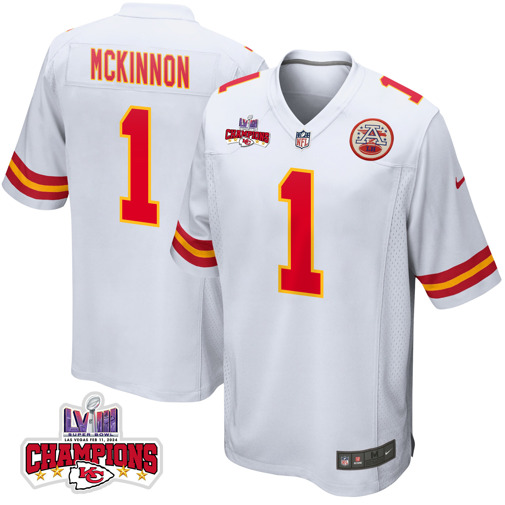 Jerick McKinnon 1 Kansas City Chiefs Super Bowl LVIII Champions 4 Stars Patch Game Men Jersey - White JS5615 nicesnker
