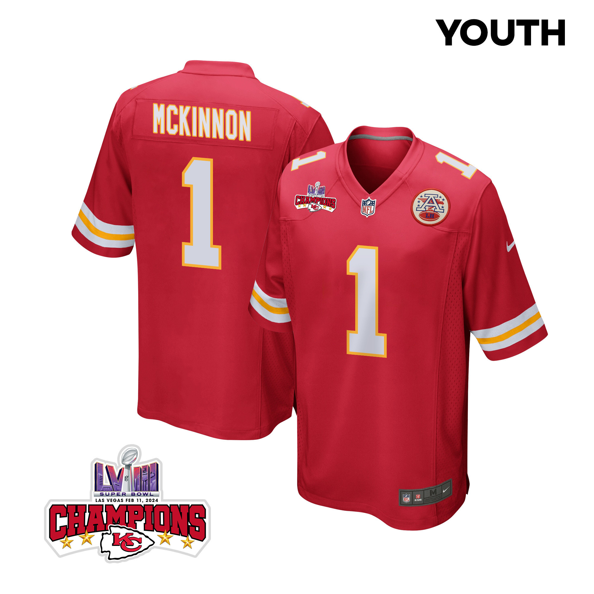 Jerick McKinnon 1 Kansas City Chiefs Super Bowl LVIII Champions 4 Stars Patch Game YOUTH Jersey - Red JS7811 nicesnker