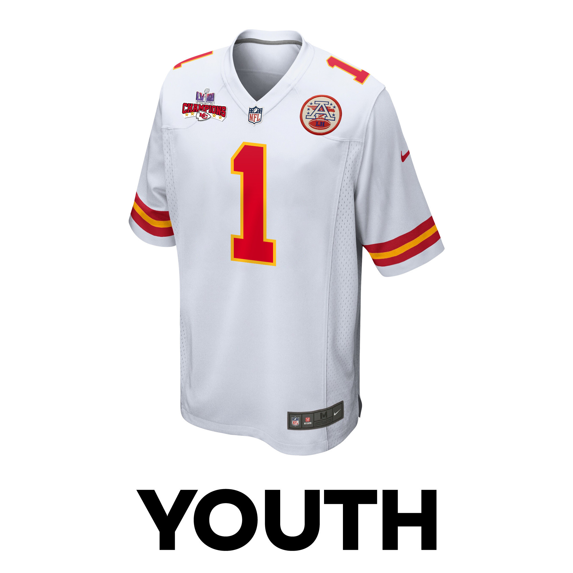 Alternative view of Jerick McKinnon 1 Kansas City Chiefs Super Bowl LVIII Champions 4 Stars Patch Game YOUTH Jersey - White JS9645 nicesnker