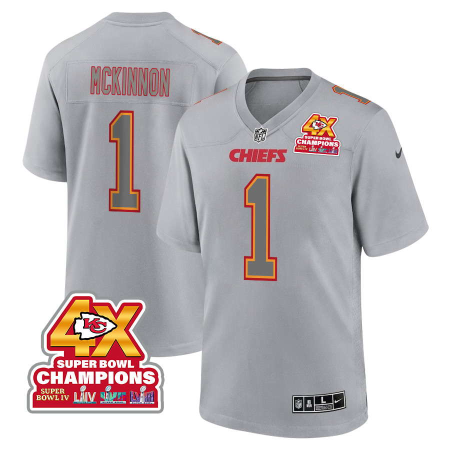 Jerick McKinnon 1 Kansas City Chiefs Super Bowl LVIII Champions 4X Atmosphere Fashion Game Men Jersey - Gray JS1269 nicesnker