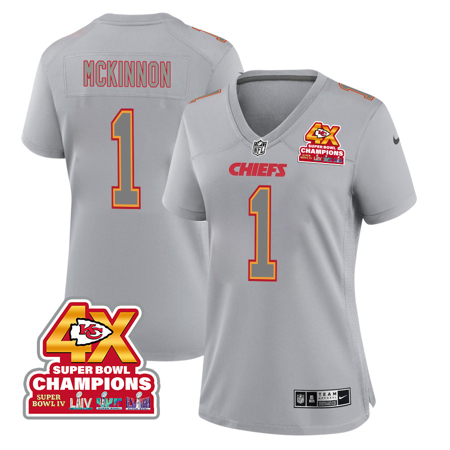 Jerick McKinnon 1 Kansas City Chiefs Super Bowl LVIII Champions 4X Atmosphere Fashion Game Women Jersey - Gray JS7623 nicesnker