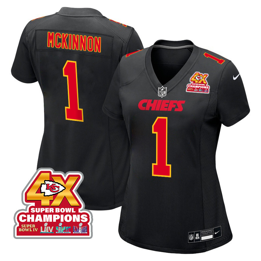 Jerick McKinnon 1 Kansas City Chiefs Super Bowl LVIII Champions 4X Fashion Game Women Jersey - Carbon Black JS4731 nicesnker