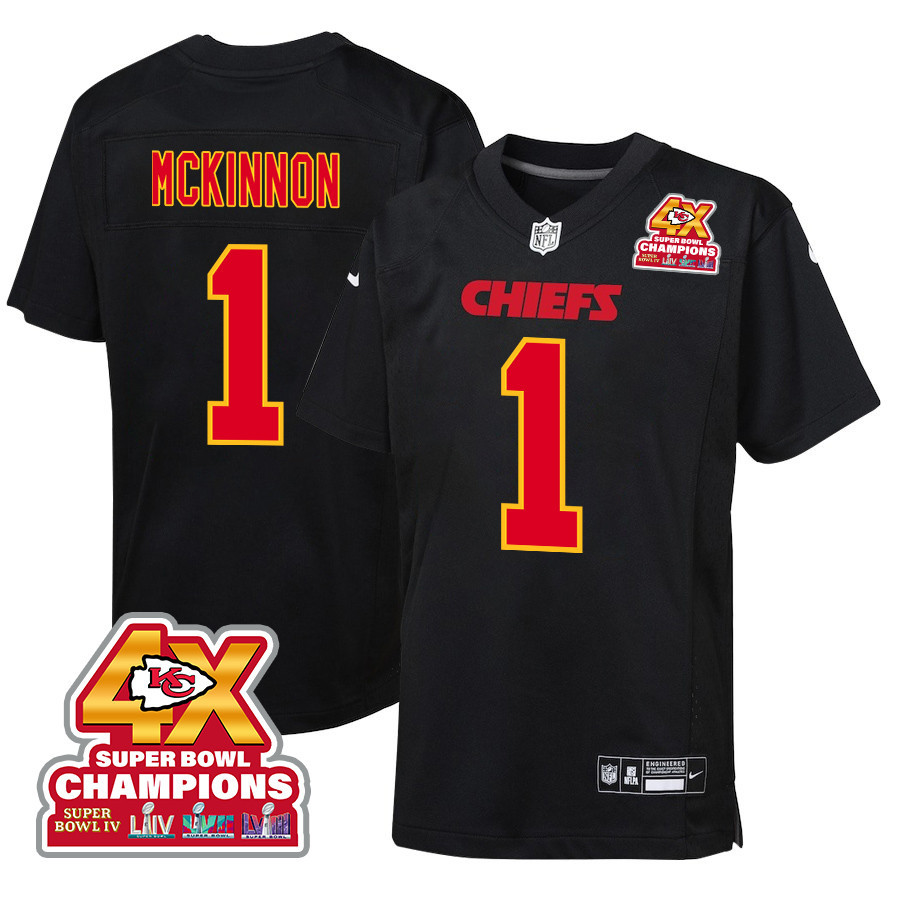 Jerick McKinnon 1 Kansas City Chiefs Super Bowl LVIII Champions 4X Fashion Game YOUTH Jersey - Carbon Black JS4207 nicesnker
