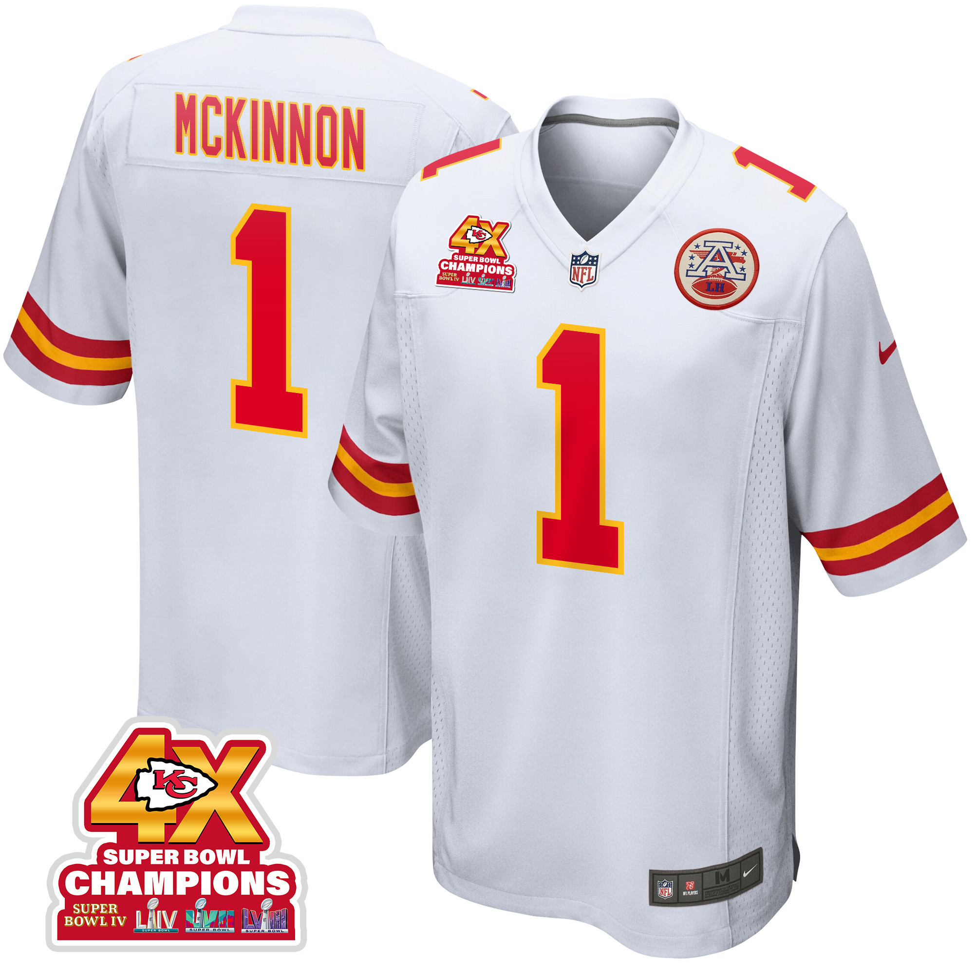 Jerick McKinnon 1 Kansas City Chiefs Super Bowl LVIII Champions 4X Game Men Jersey - White JS6123 nicesnker