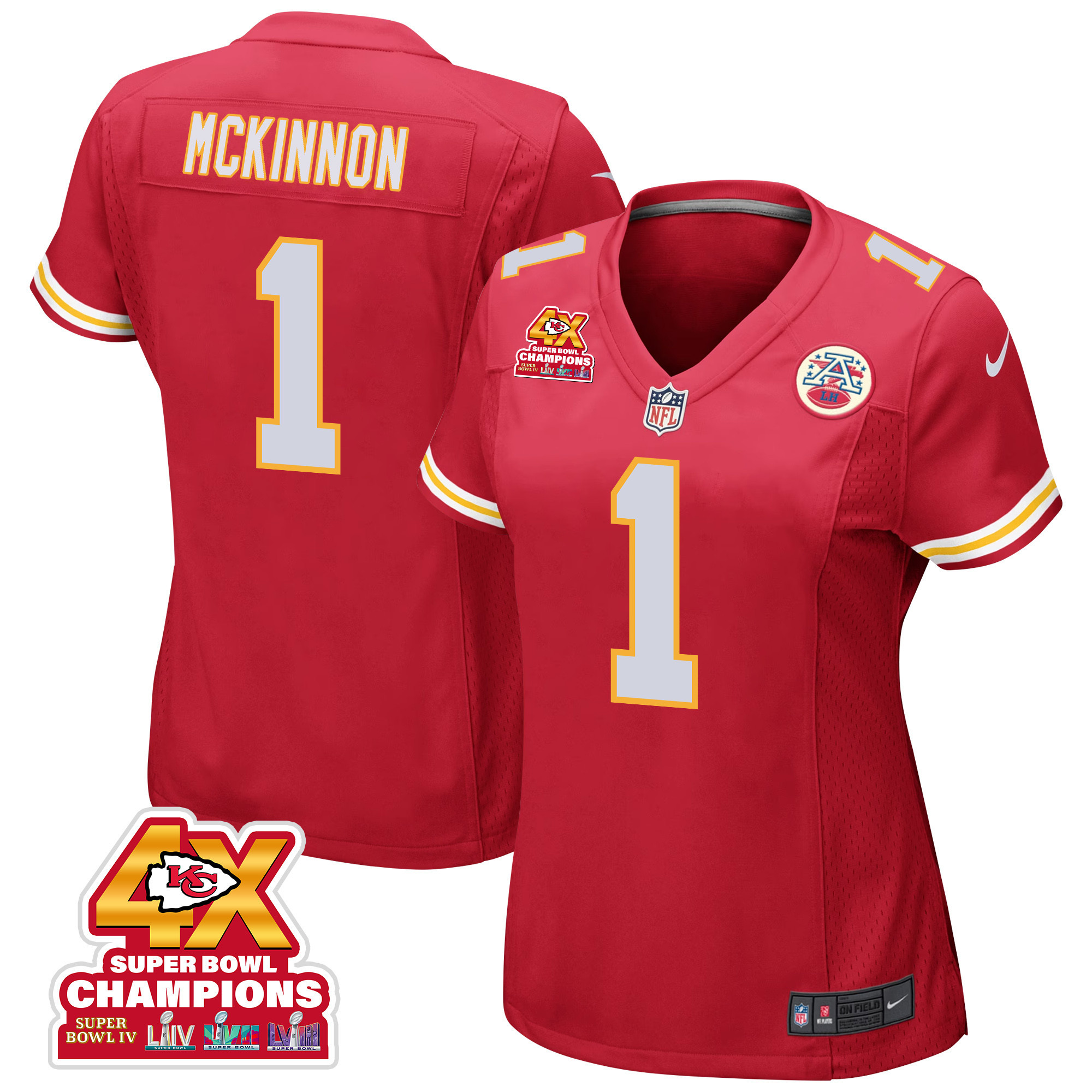 Jerick McKinnon 1 Kansas City Chiefs Super Bowl LVIII Champions 4X Game Women Jersey - Red JS1901 nicesnker