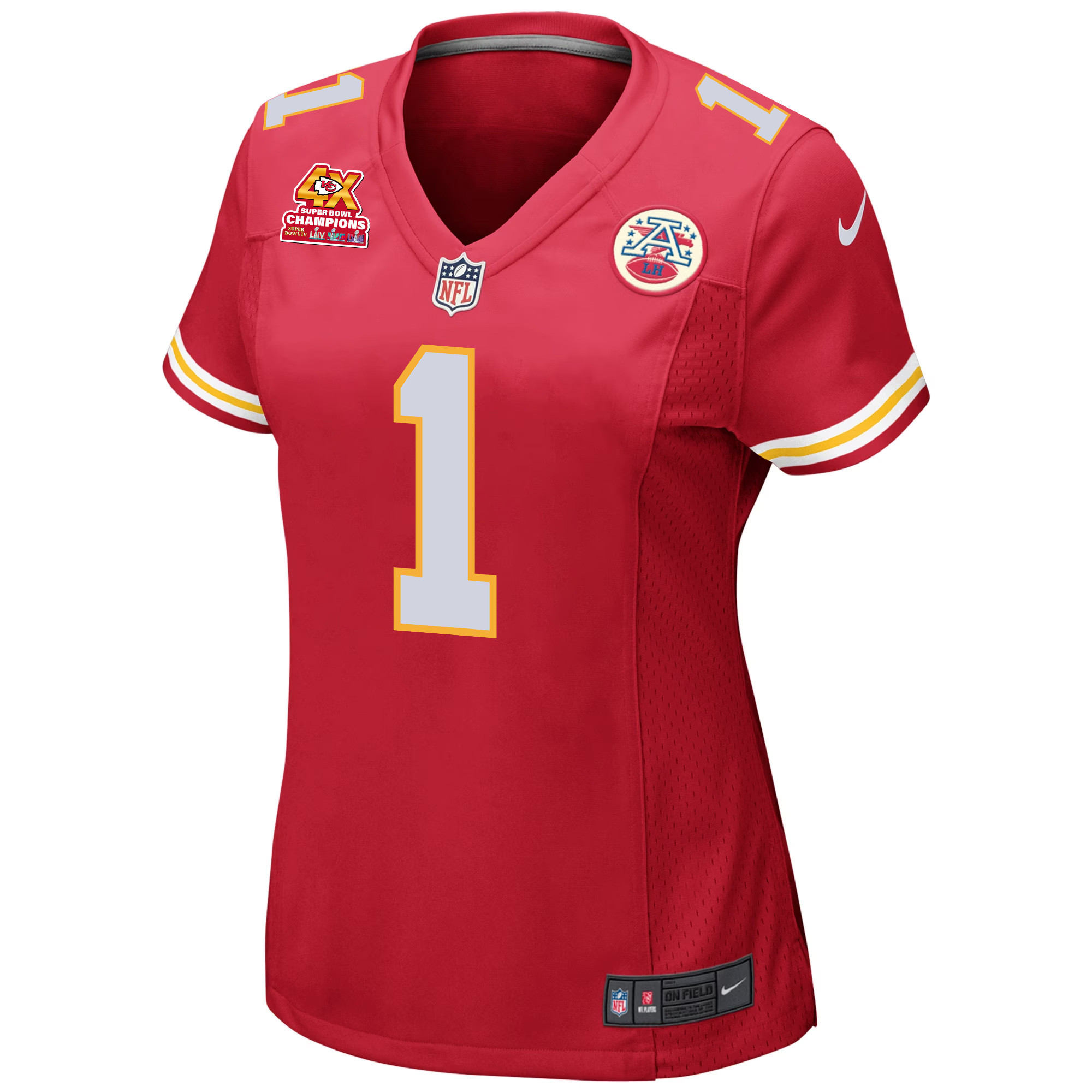 Alternative view of Jerick McKinnon 1 Kansas City Chiefs Super Bowl LVIII Champions 4X Game Women Jersey - Red JS1901 nicesnker