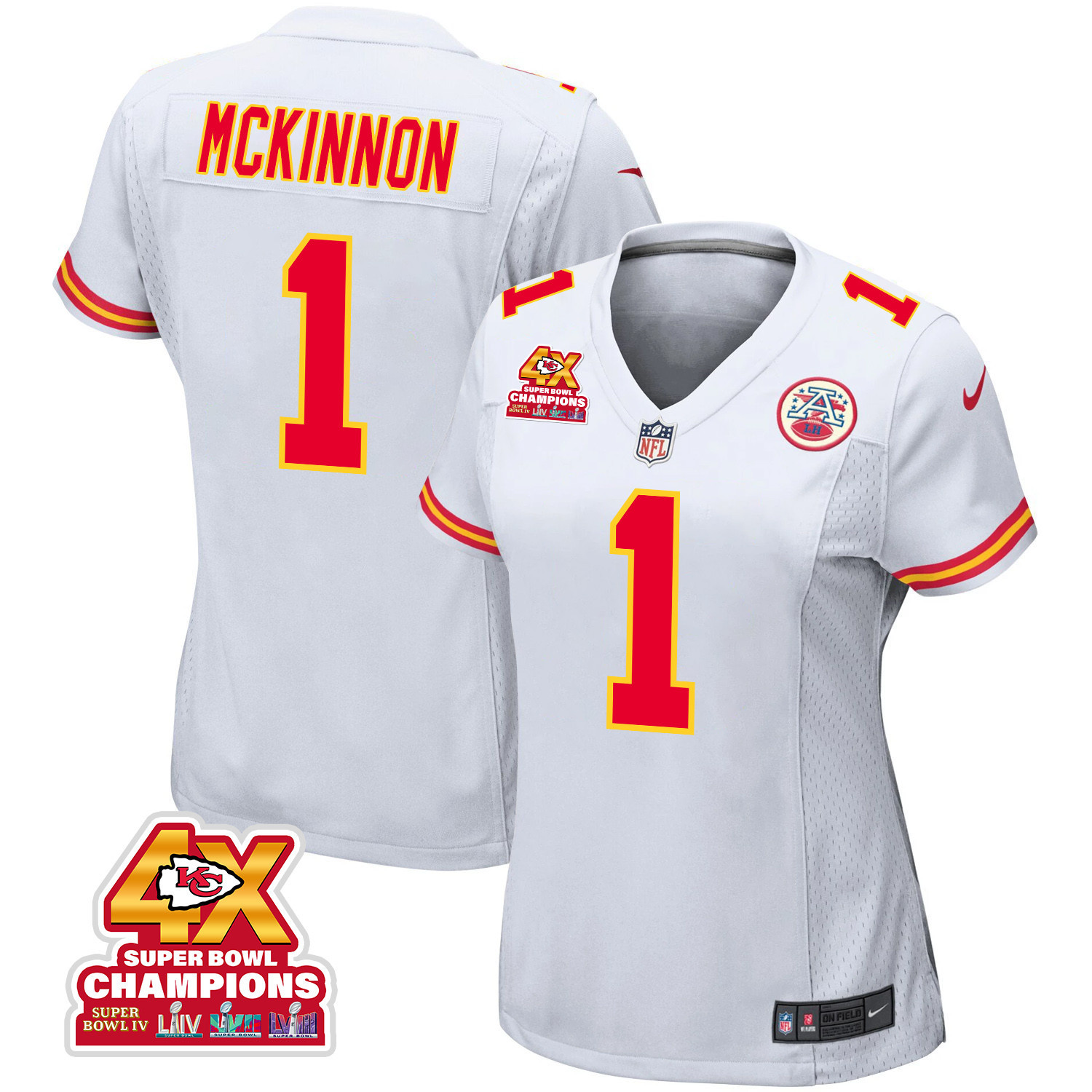 Jerick McKinnon 1 Kansas City Chiefs Super Bowl LVIII Champions 4X Game Women Jersey - White JS7061 nicesnker