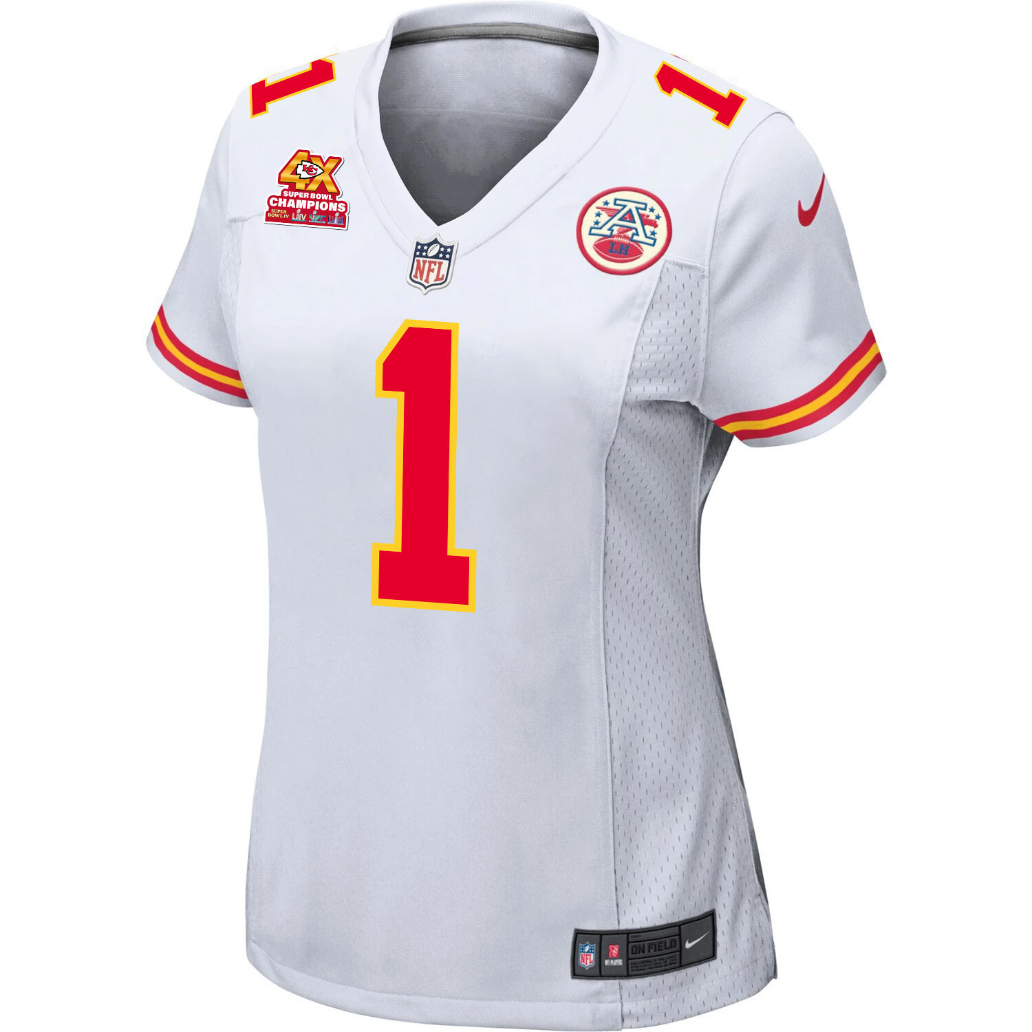 Alternative view of Jerick McKinnon 1 Kansas City Chiefs Super Bowl LVIII Champions 4X Game Women Jersey - White JS7061 nicesnker