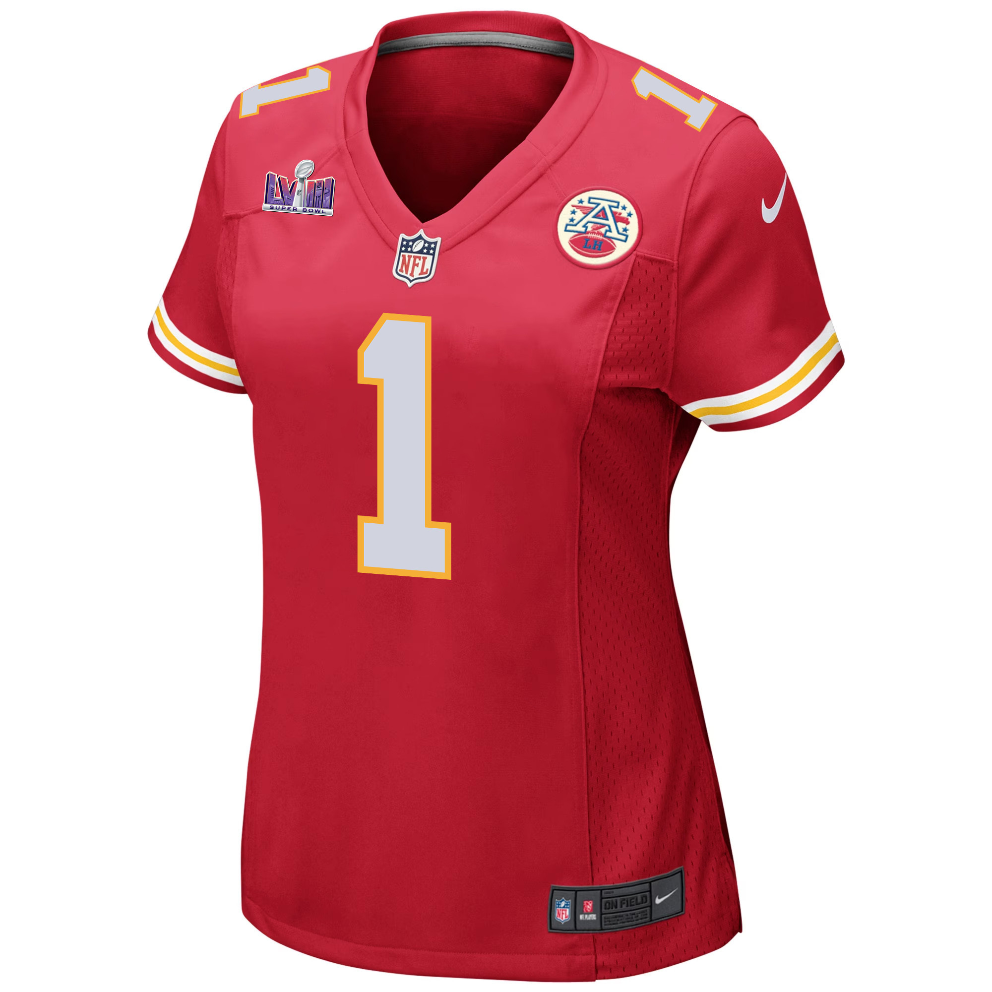 Alternative view of Jerick McKinnon 1 Kansas City Chiefs Super Bowl LVIII Patch Game Women Jersey - Red JS7339 nicesnker