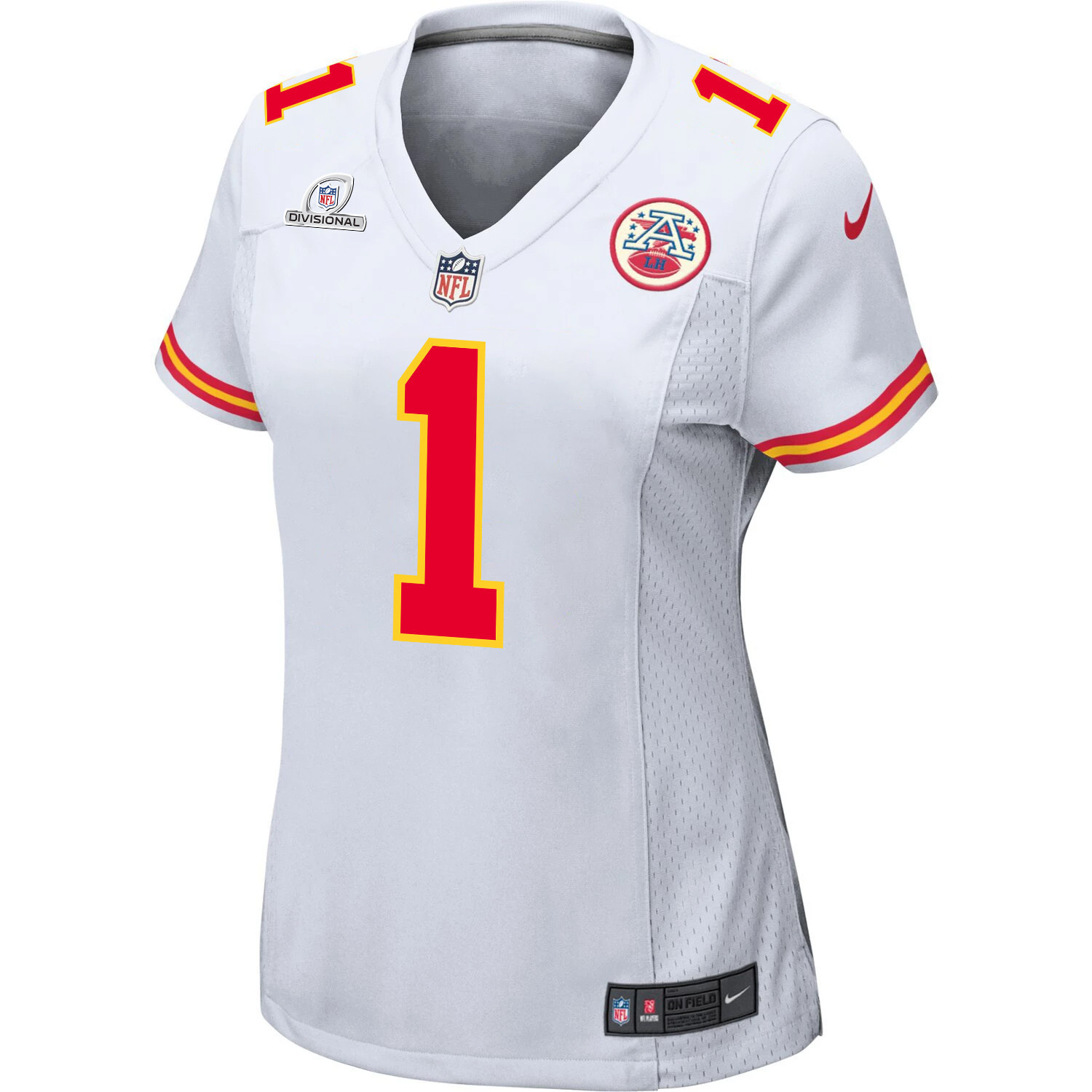 Alternative view of Jerick McKinnon 1 Kansas City Chiefs Super Bowl LVIII Patch Game Women Jersey - White JS2641 nicesnker