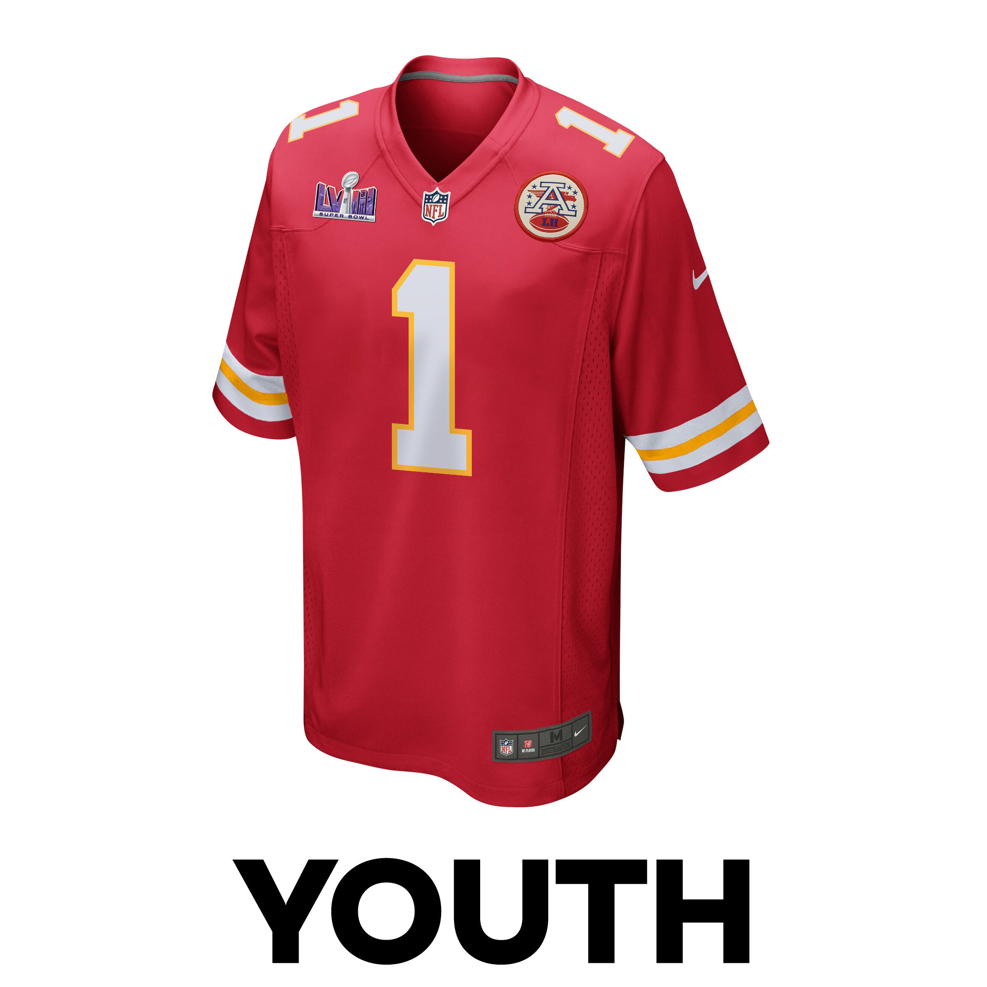 Alternative view of Jerick McKinnon 1 Kansas City Chiefs Super Bowl LVIII Patch Game YOUTH Jersey - Red JS3029 nicesnker