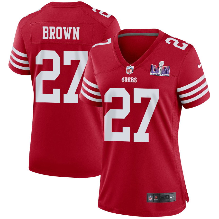 Ji'Ayir Brown 27 San Francisco 49ers Super Bowl LVIII Patch Game Women Jersey - Scarlet JS2414 nicesnker