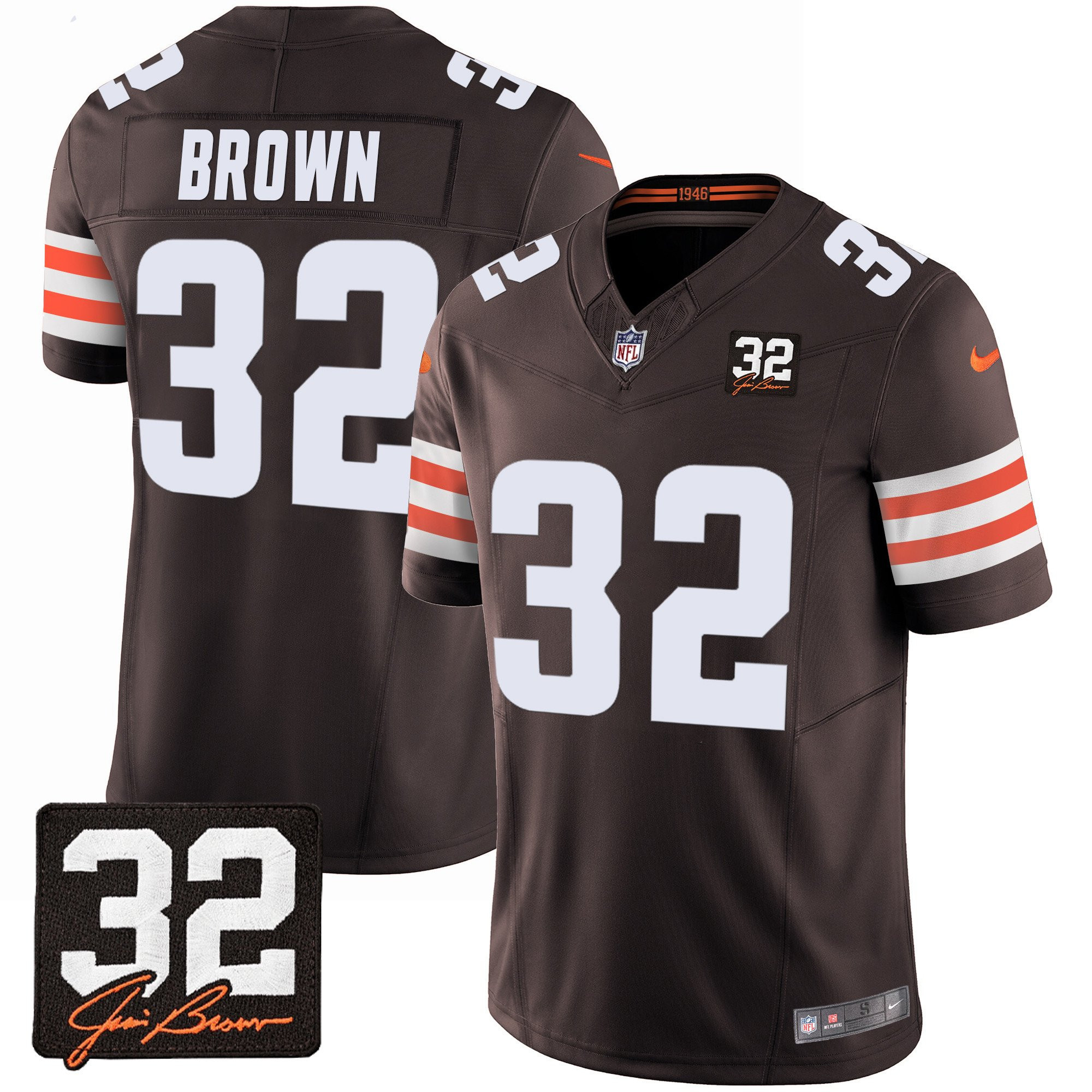 Jim Brown 32 Cleveland Browns Jim Brown Memorial Patch Game Men Jersey - Brown JS1211 nicesnker