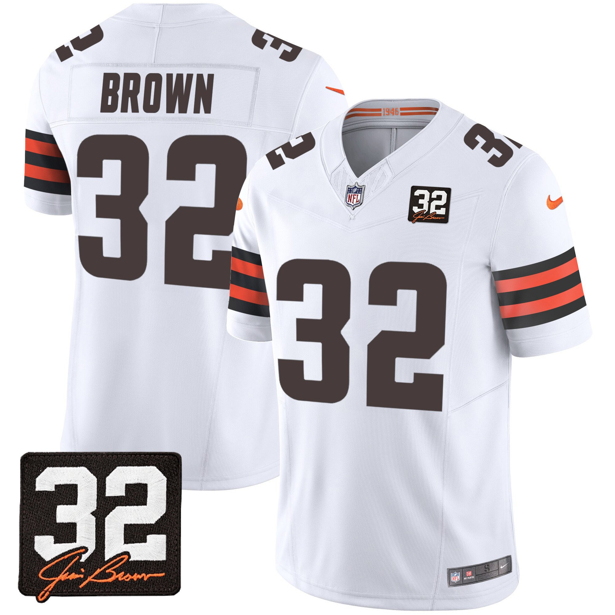 Jim Brown 32 Cleveland Browns Jim Brown Memorial Patch Game Men Jersey - White JS6856 nicesnker