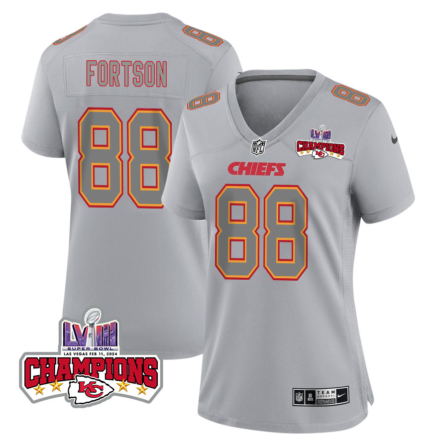 Jody Fortson 88 Kansas City Chiefs Super Bowl LVIII Champions 4 Stars Patch Atmosphere Fashion Game Women Jersey - Gray JS8428 nicesnker