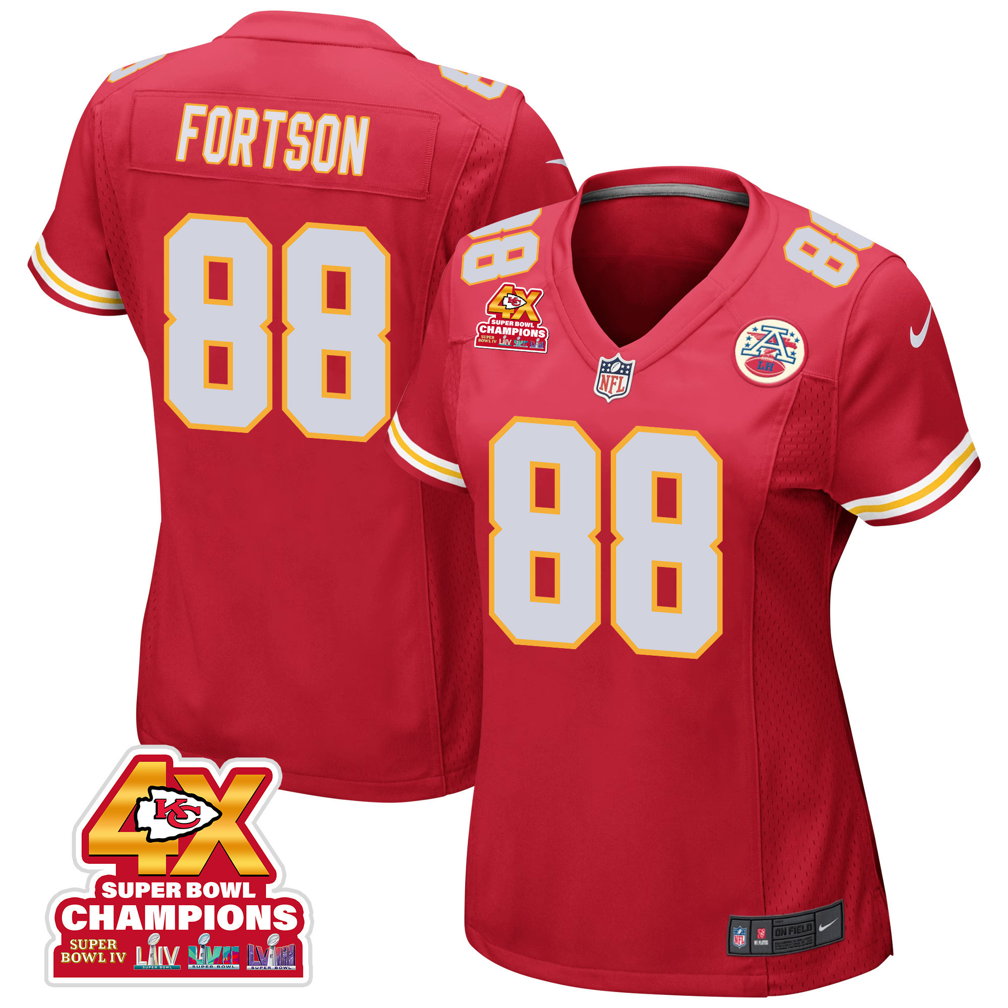 Jody Fortson 88 Kansas City Chiefs Super Bowl LVIII Champions 4X Game Women Jersey - Red JS7442 nicesnker