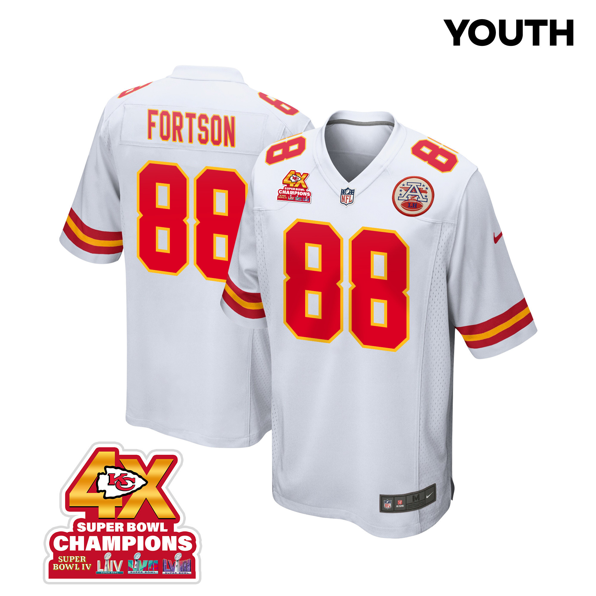 Jody Fortson 88 Kansas City Chiefs Super Bowl LVIII Champions 4X Game YOUTH Jersey - White JS5901 nicesnker