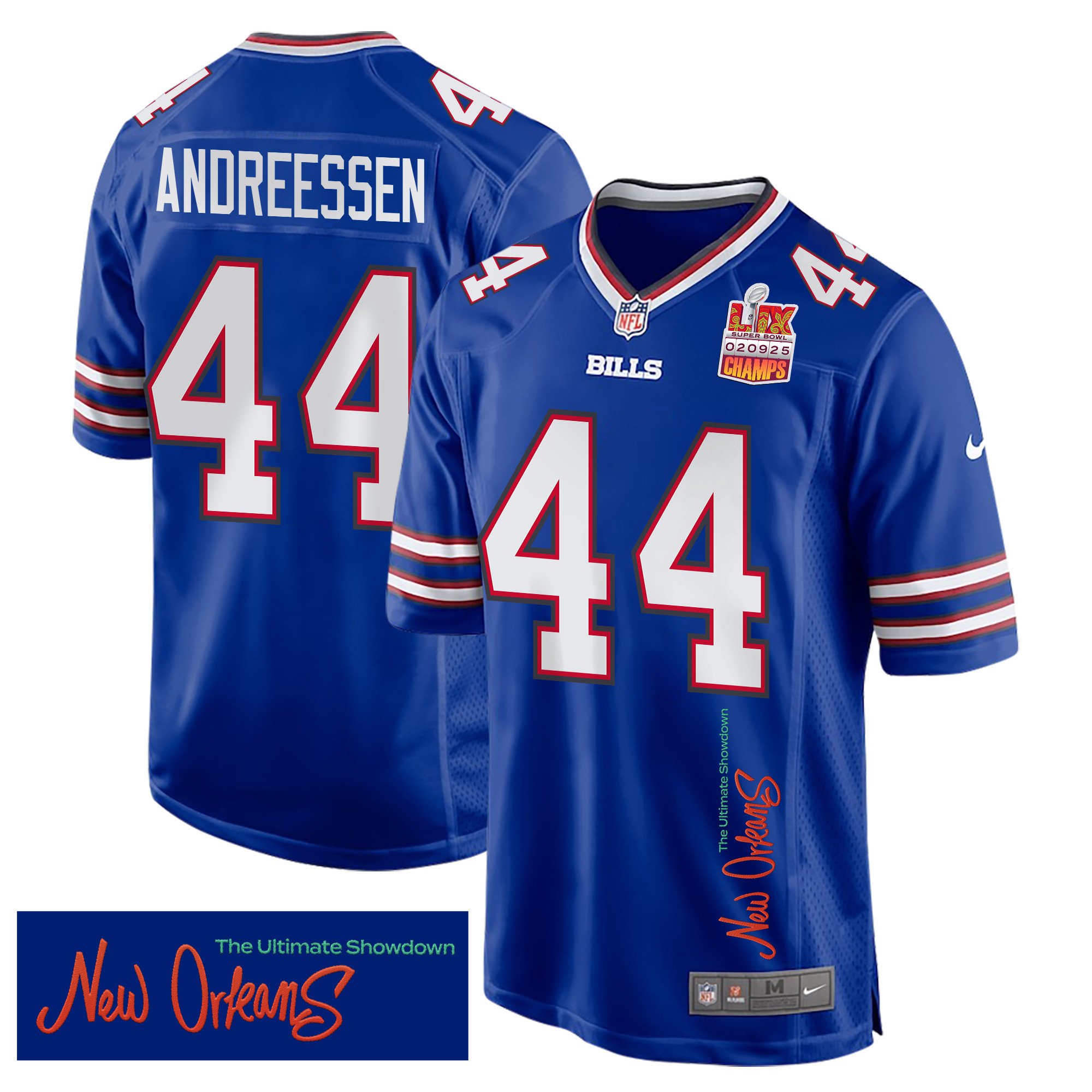 Joe Andreessen 44 Buffalo Bills Super Bowl LIX Champions Patch 'New Orleans - The Ultimate Showdown' EMBROIDERED Game Men Jersey - Royal JS4312 nicesnker