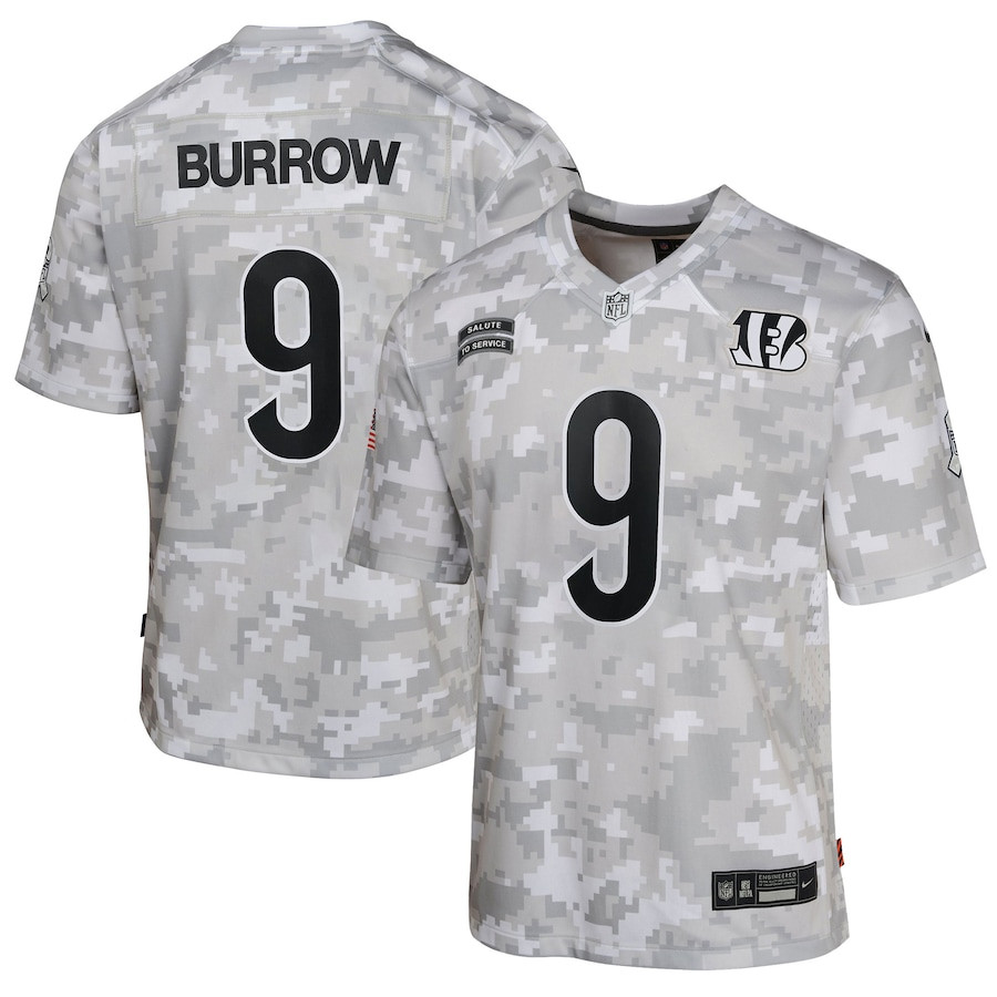 Joe Burrow 9 Cincinnati Bengals 2024 Salute to Service Game YOUTH Jersey - Arctic Camo JS3128 nicesnker