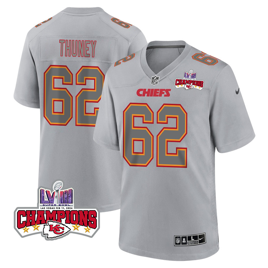 Joe Thuney 62 Kansas City Chiefs Super Bowl LVIII Champions 4 Stars Patch Atmosphere Fashion Game Men Jersey - Gray JS6330 nicesnker